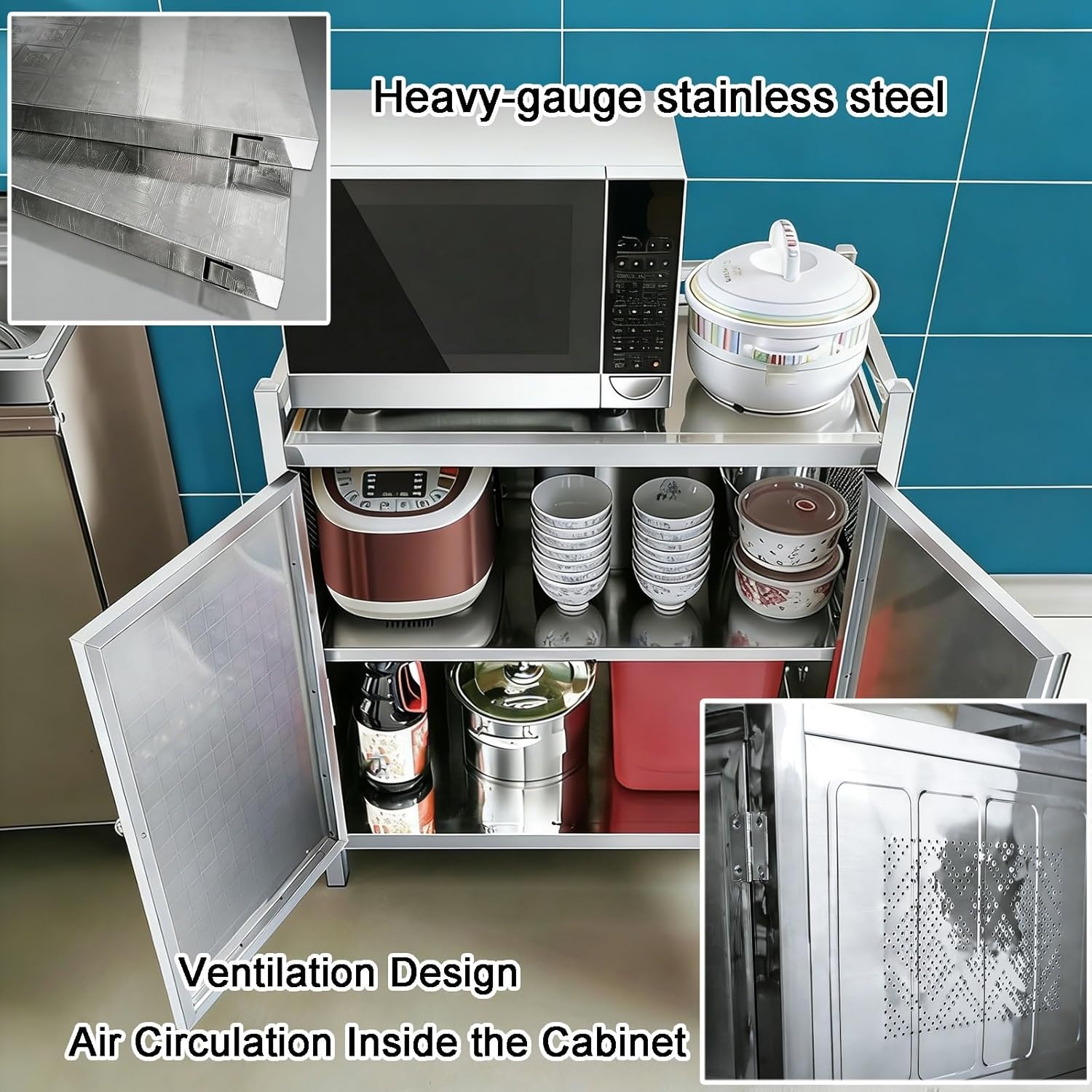 Stainless Steel Workbench with Three-Sided Guardrails and Handles Work Table Suitable for Home or Commercial Use Features Non-Slip Feet Mesh Panels and Reinforced Legs Height 31.1in