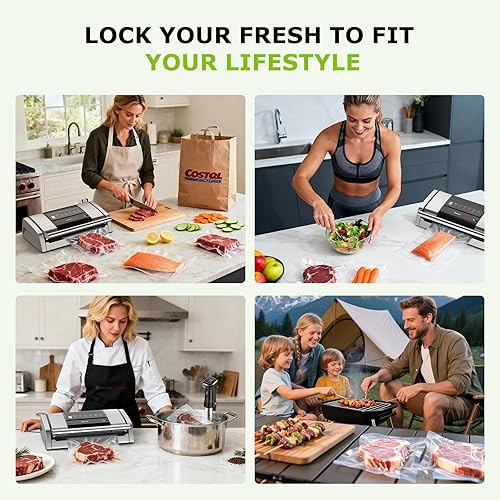 Miniatura 8 de Bonsenkitchen Sellador al vacío para alimentos, máquina selladora al vacío con mango de fácil bloqueo con clip para bolsa, cortador integrado y