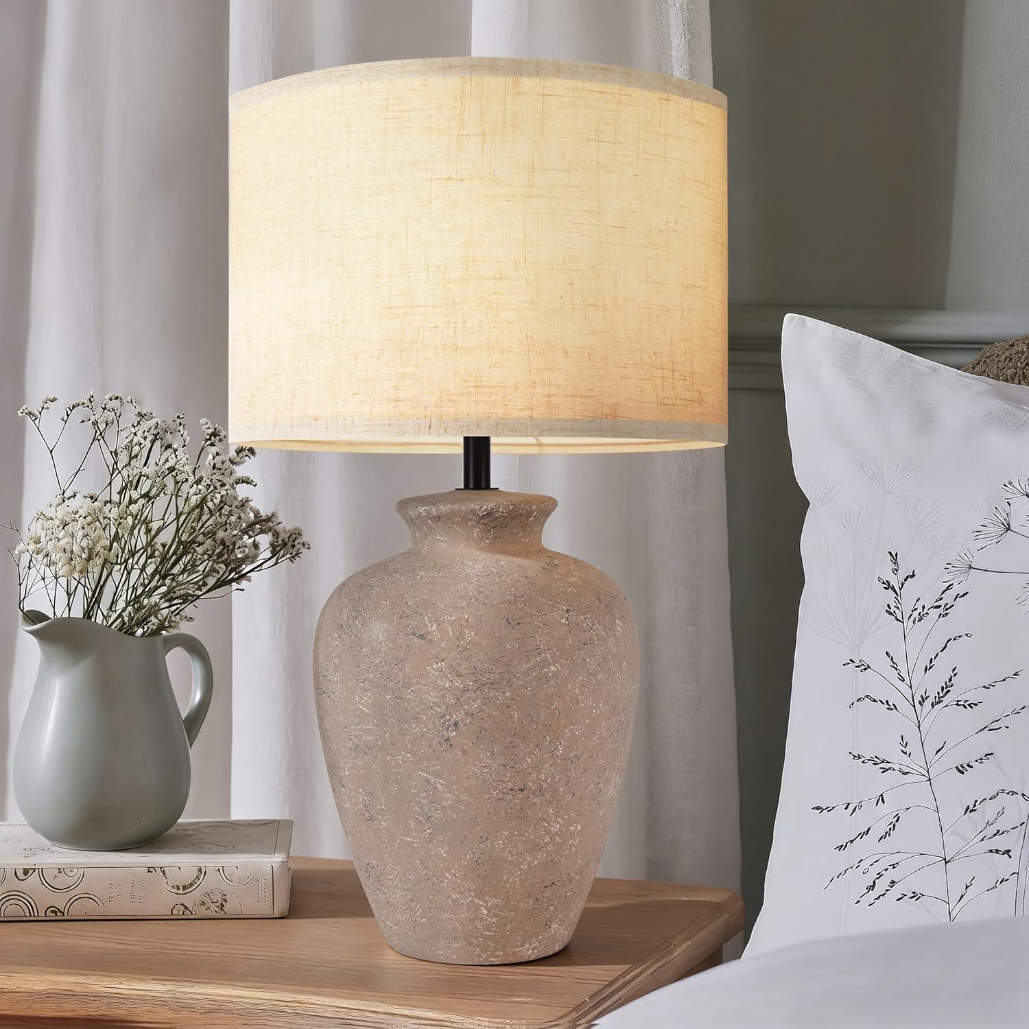 Ceramic Farmhouse Table Lamp for Living Room and Bedroom - Modern Earth Yellow Pottery Beside Lamps for Small Nightstand and Large Side Table - Rustic Round Stone Lighting Single with Beige Shade