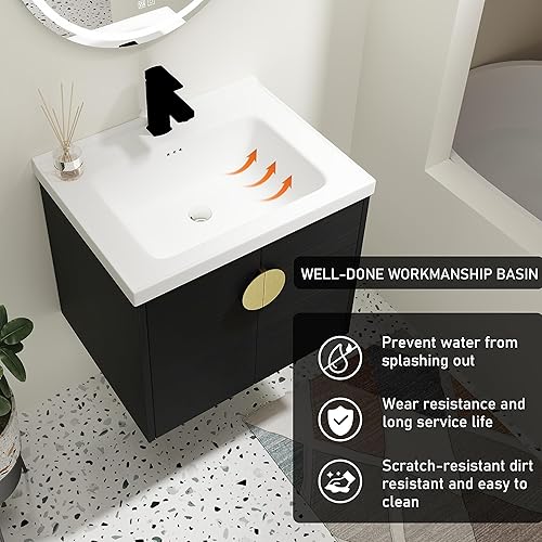 Miniatura 6 de Tocador de baño de 24 pulgadas con lavabo, juego de tocador flotante Mordern con mango de metal dorado y parte superior de fregadero de cerámica