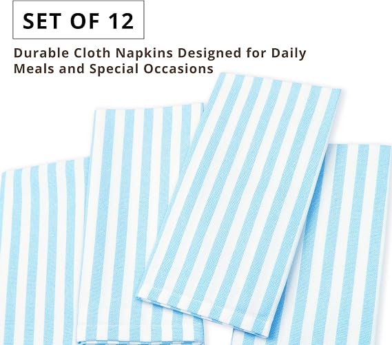 PurpleEssences Stripe Cloth Napkins 18x18 Inch - Aqua Blue & White