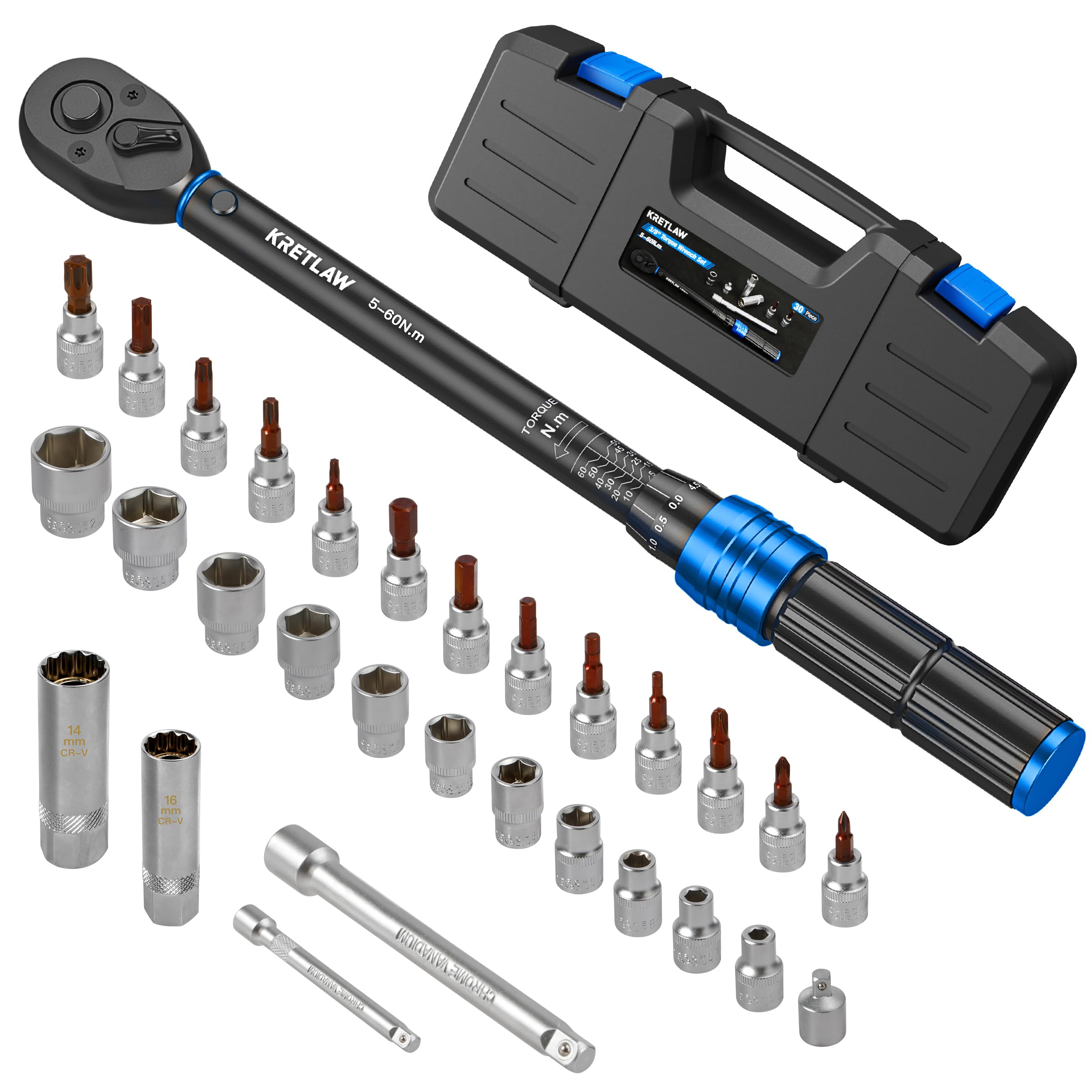 KRETLAW Juego de Llave Dinamométrica de 30 Piezas, Llave de Torque de 3/8" (5-60 Nm), Trinquete de 72 Dientes, Precisión ±3% con Extensiones, Vasos y Adaptador