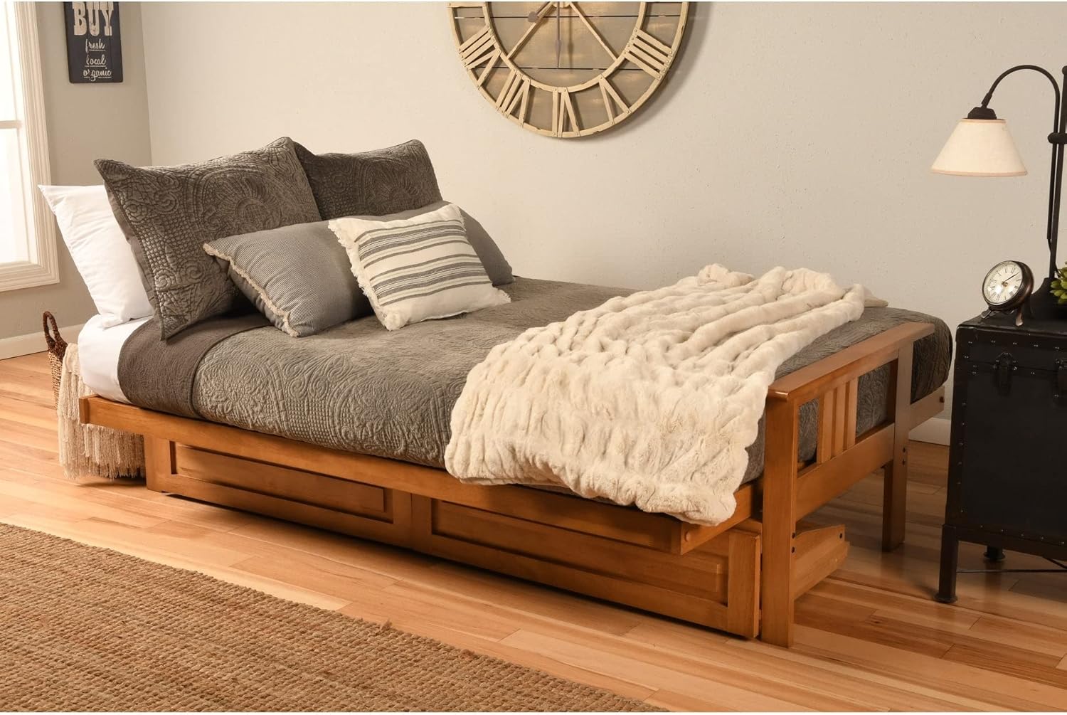 Storage Futon in Butternut Finish with Twill Gray Mattress Grey Rustic Traditional Solid Polyester Wood Multi-Position Tufted