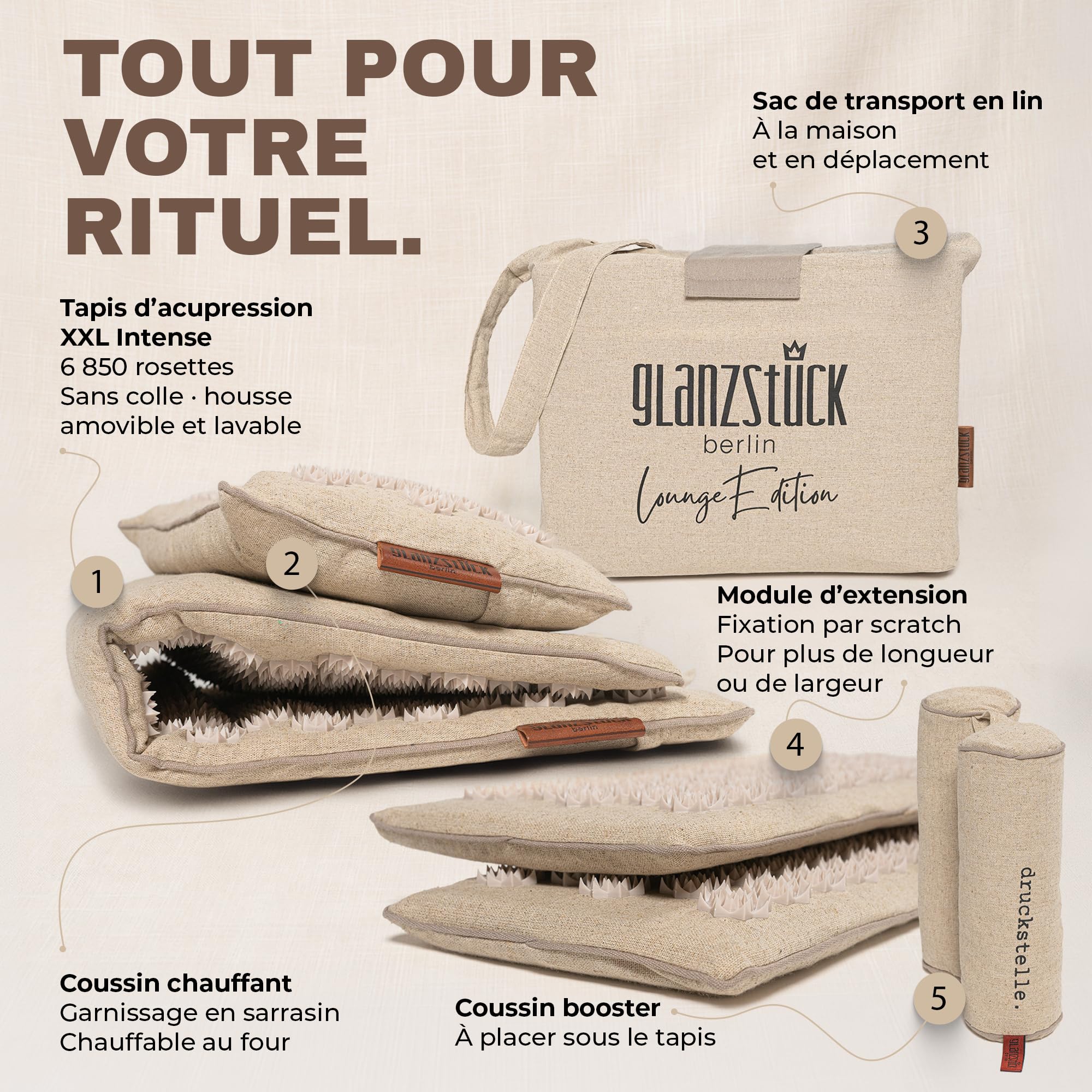 Glanzstück Berlin®: Tapis d'acupression XXL Lounge Intense pour tout le corps, idéal pour les débutants, en cas de tension, maux de tête, maux de dos, stress