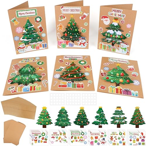 24 Sets Christmas Card Making Kits 3D Christmas Tree Card Making Craft Kits for Kids Holiday Greeting Cards Bulk for Home Classroom Activities