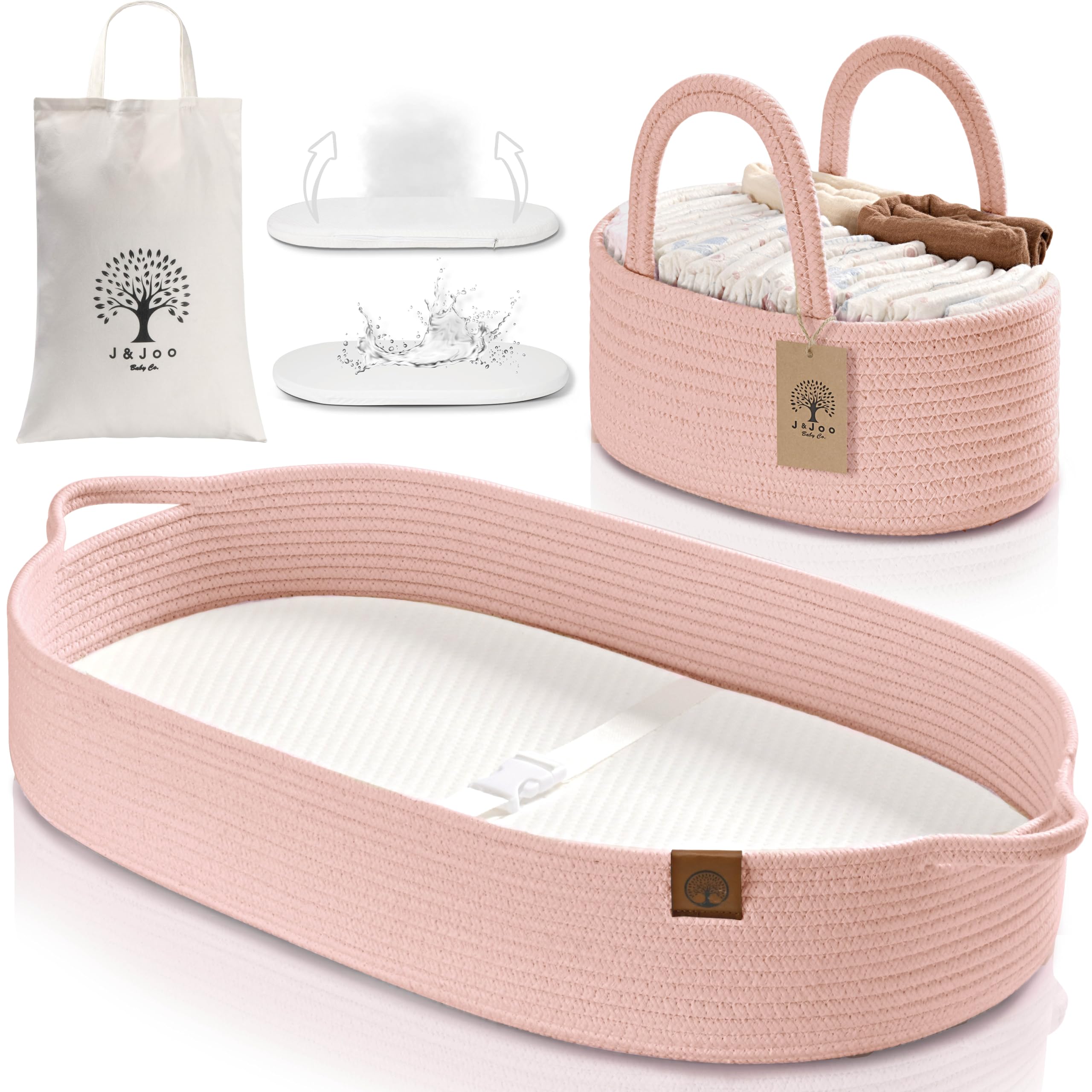 J&JOOBaby Changing Basket - Breathable, Waterproof Covers, Wipeable Changing Pad for Changing Table Toper & Dresser, Cotton Rope Baby Basket (Coral Candy/Bamboo, Caddy Set)