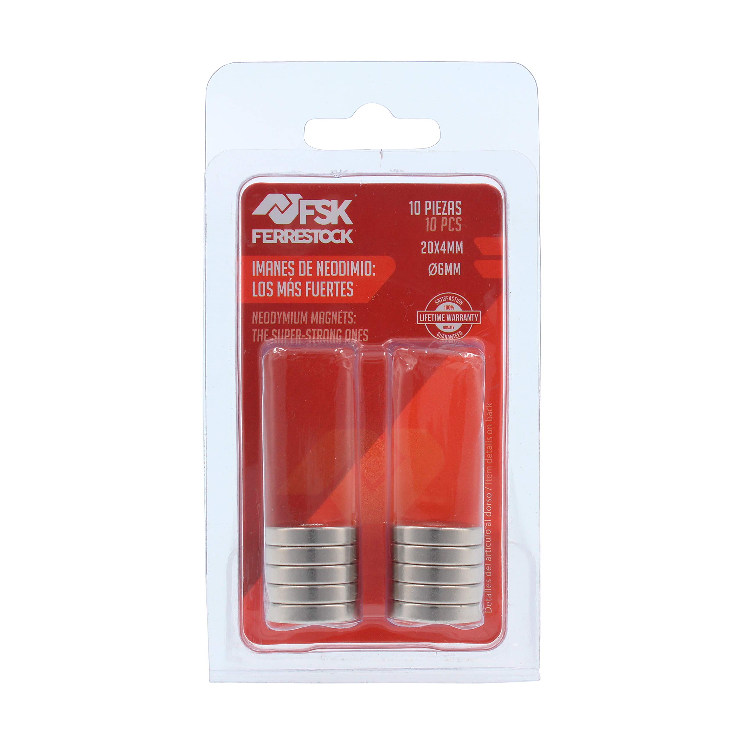 Ferrestock FSKNDC008 pack de 10 imanes de neodimio redondos de 20x4 mm con agujero de 6 mm