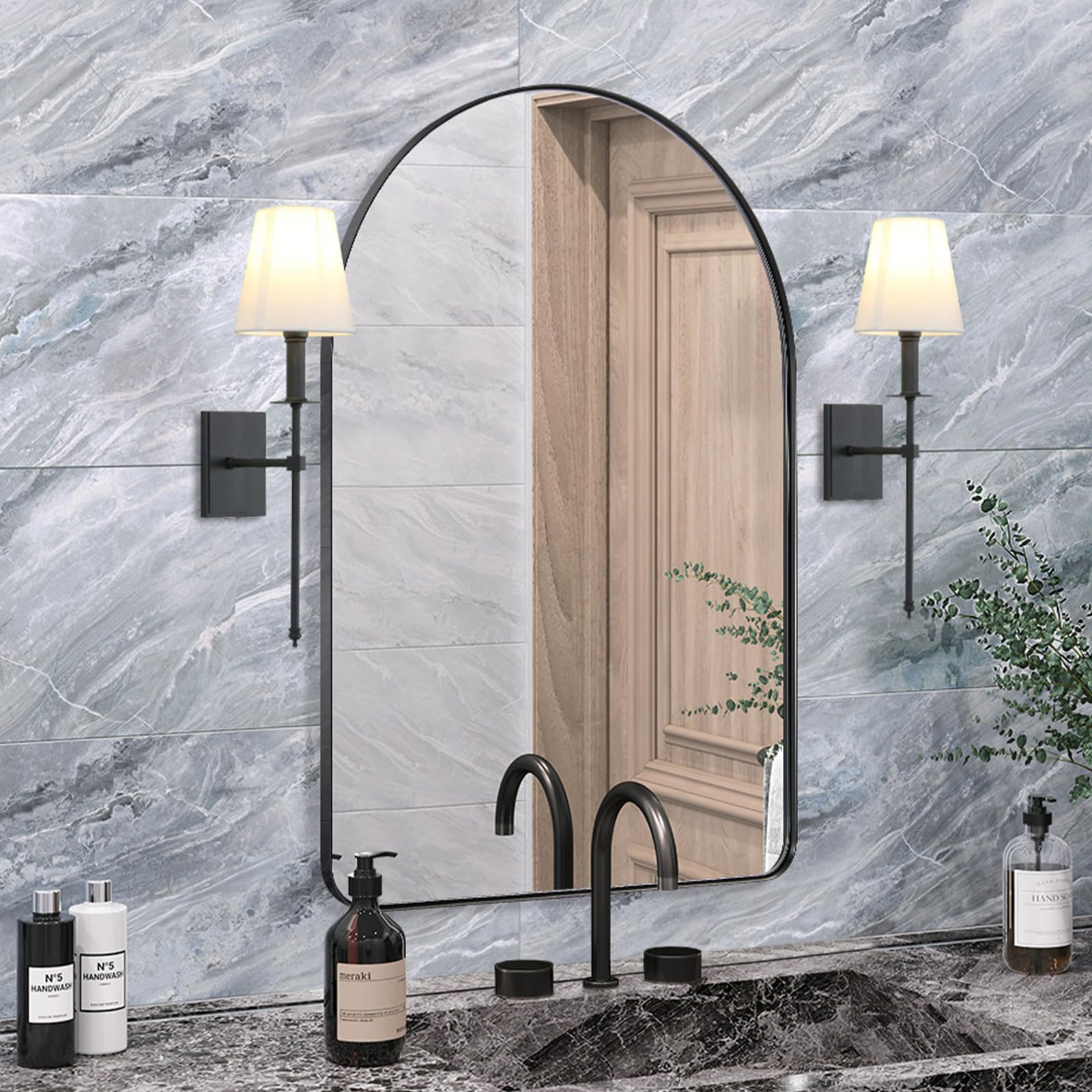 ANDY STARBlack Mirror for Bathroom, Polished Black Arched Wall Mirror for Bathroom with Golssy Black Metal Frame Wall Mounted for Home,Living Room, Entryway.
