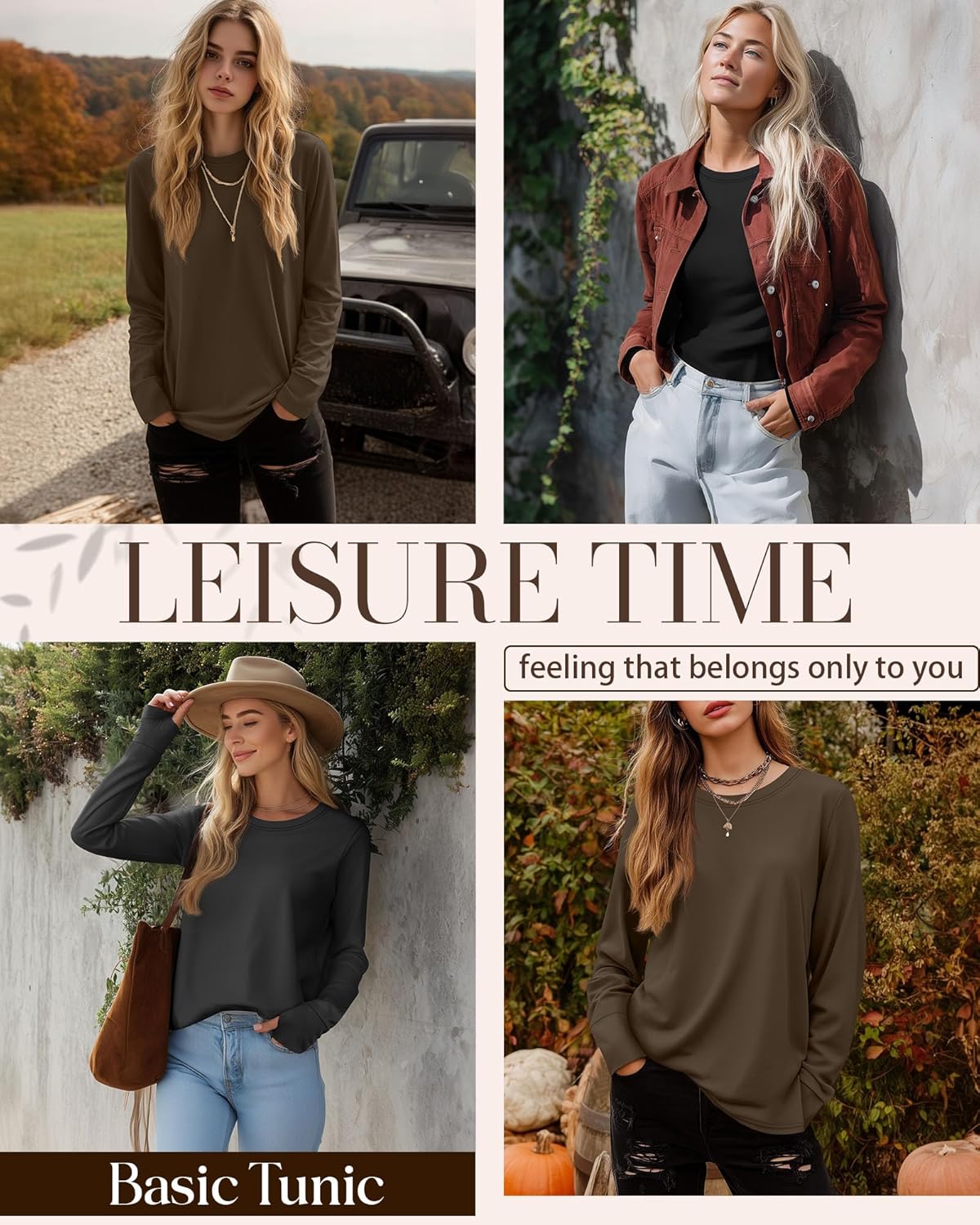 Huukeay 3 Pack Women's Long Sleeve Shirts with Thumb Holes, Cotton Casual Crew Neck Tunic Tops Fall Loose Y2k Trendy Outfits - Image 4