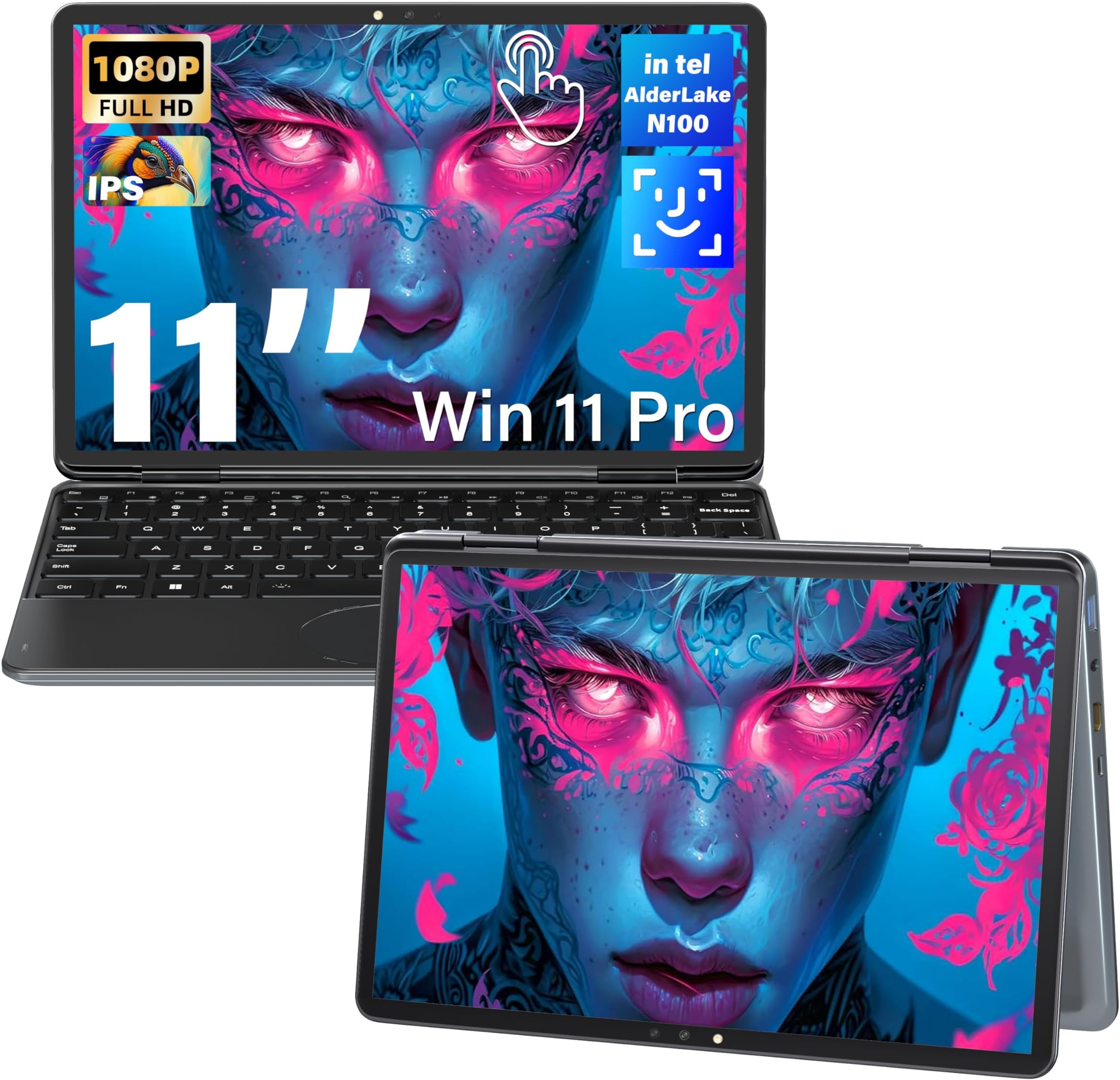 11" Gray 2-in-1 Convertible Touchscreen Laptop, FHD (1920x1200) IPS Display,Celeron N100 Processor, 16GB RAM 1TB SSD, Facial Recognition, Backlit KB, USB-C,Win 11 Pro for Students & Travel