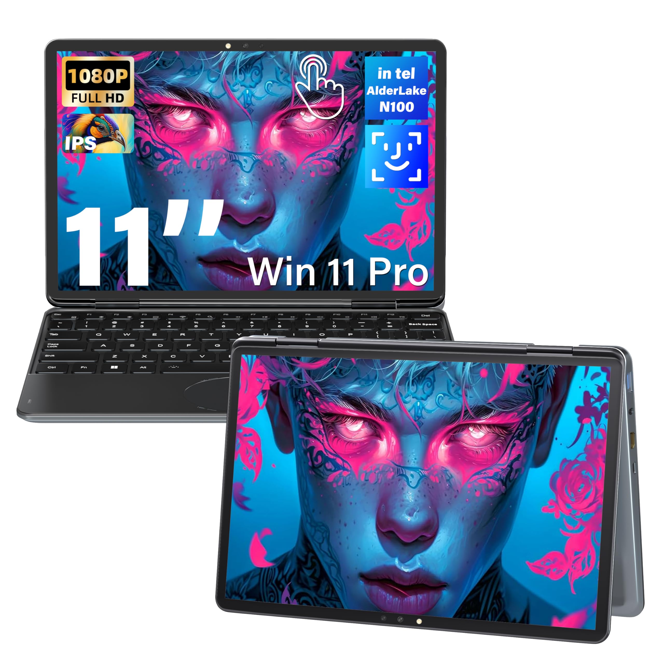 11" Gray 2-in-1 Convertible Touchscreen Laptop, FHD (1920x1200) IPS Display, in tel N100 Processor, 16GB RAM 1TB SSD, Facial Recognition, Backlit KB, USB-C,Win 11 Pro for Students & Travel
