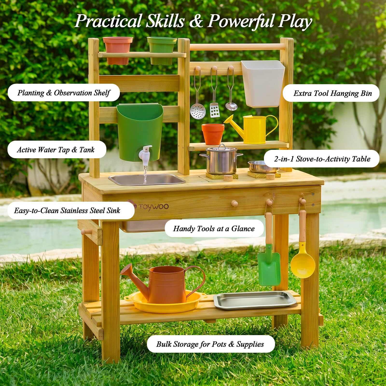 TOYWOO Cuisine de boue pour enfants en extérieur, table à boue 3-en-1 avec réservoir d'eau et évier, cuisine de jardin en bois finlandais pour garçons et filles à partir de 3 ans