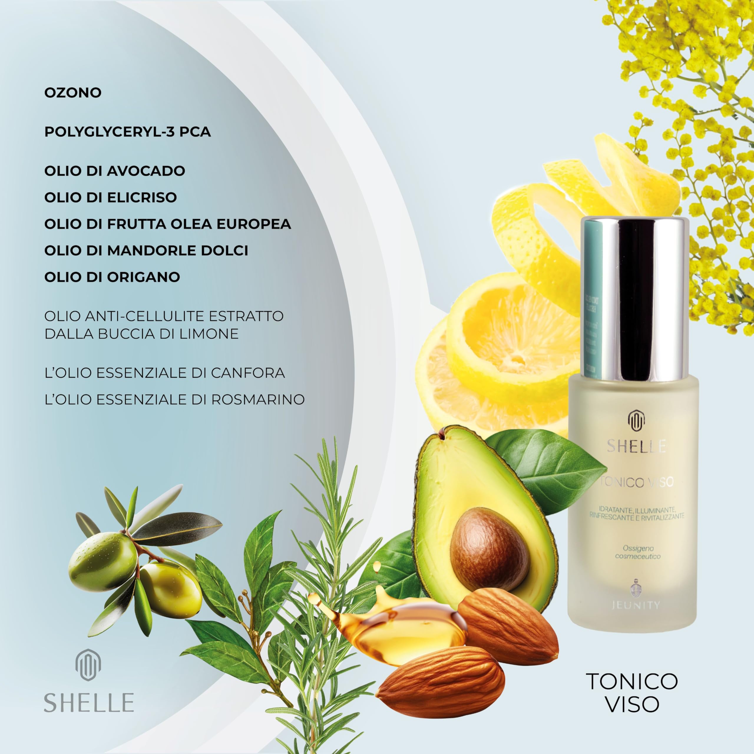 Tónico Cosmecéutico Jeunity-Shelle, con Oxígeno-Ozono. Refrescante, Iluminadora, Purificante, Reequilibrante, Energizante, Calmante, Desintoxicante, Nutritiva 30ml.
