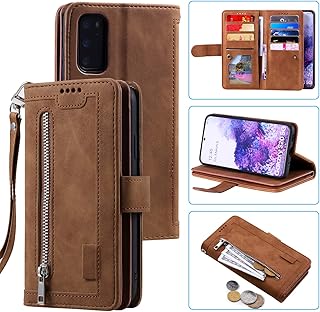 UEEBAI Wallet Case for Samsung Galaxy S20 FE 5G, Retro 9 Card Holder Slots Zipper Pocket Handbag Case PU Leather Magnetic Closure Kickstand with Wrist Strap TPU Shockproof Flip Case - Brown