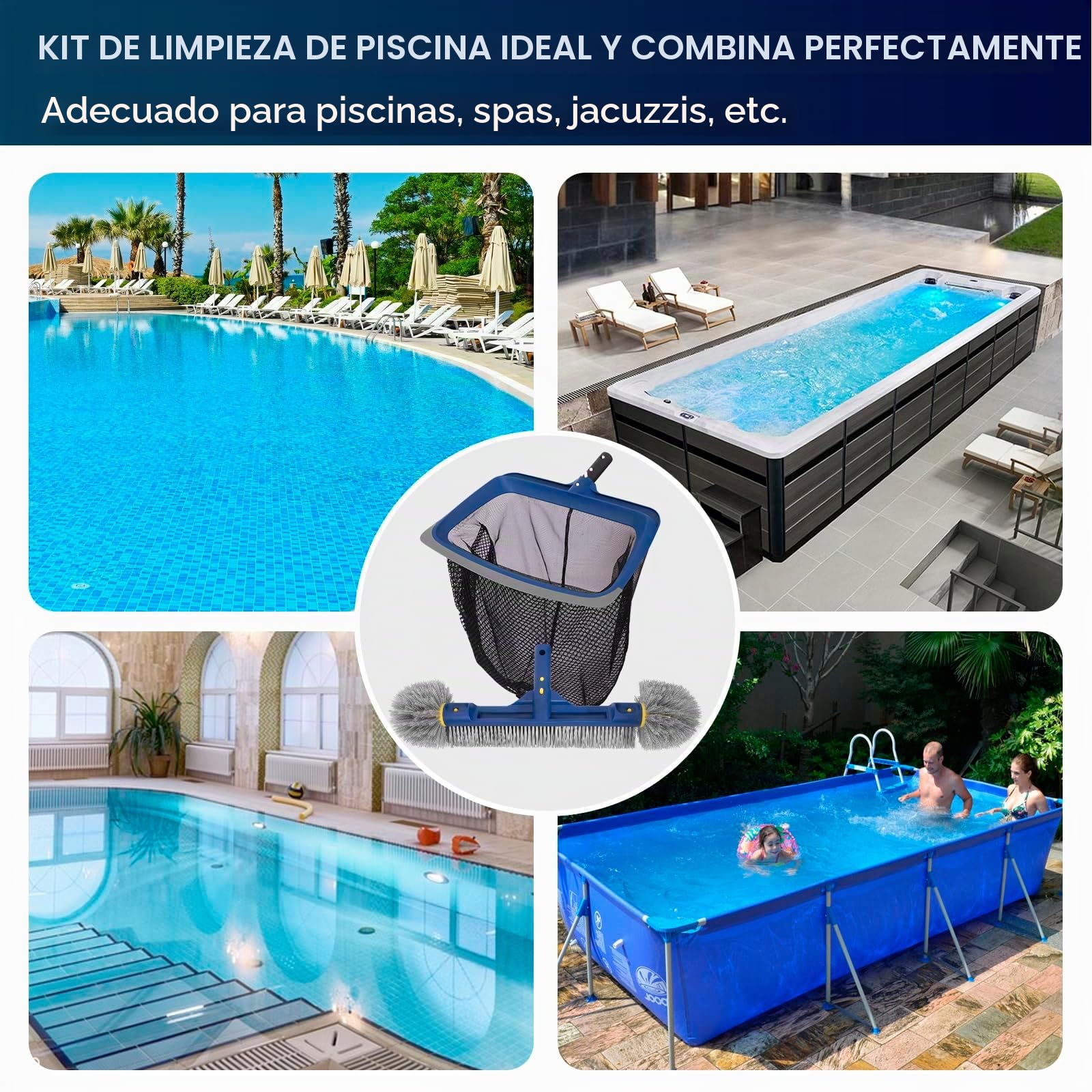 POOLAZA Juego de limpieza para piscina, red de malla fina para piscina y cepillo con extremos redondos para limpieza, red para piscina con marco estable y cepillo de 46 cm con mango integrado