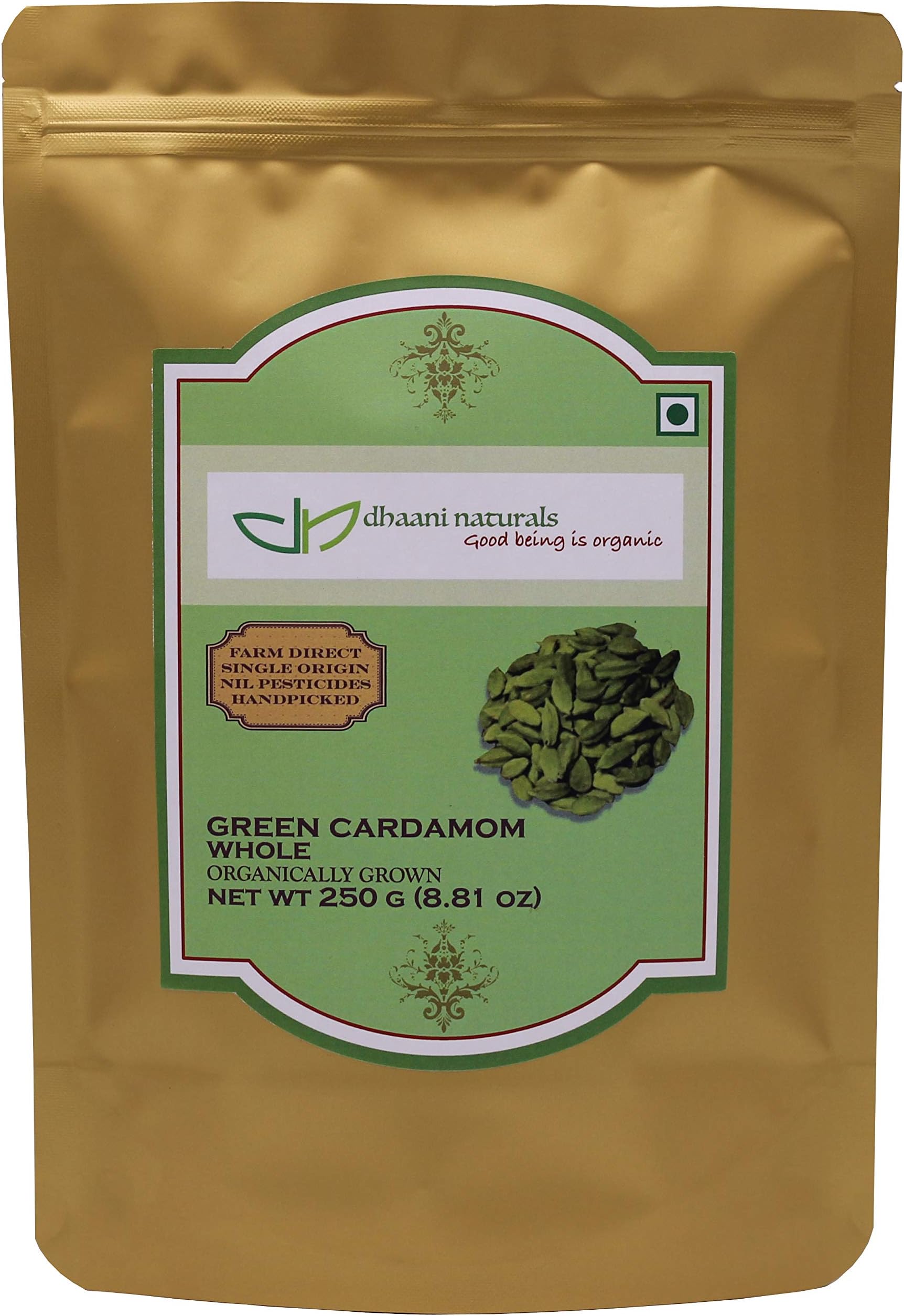dhaani Naturals Green Cardamom Whole 250 gm Pesticide Free Single Origin Farm Direct