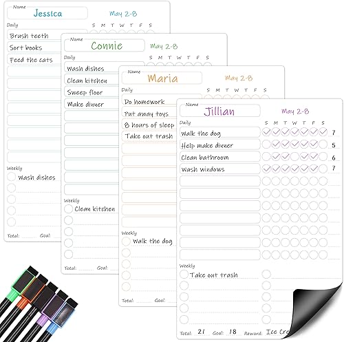 Tabla magnética de tareas para niños, varios niños, 4 piezas de borrado en seco para adultos, adolescentes, familia, hogar, lista de tareas