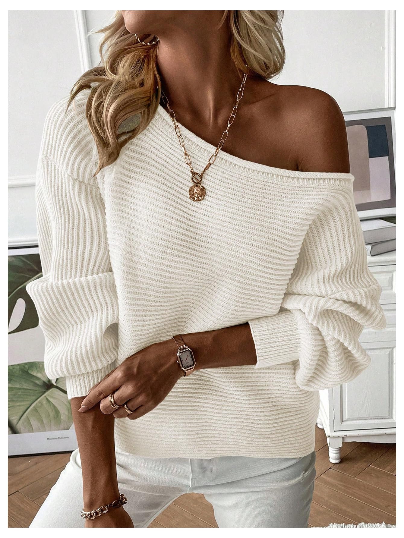 WDIRARA Women's One Shoulder Long Sleeve Oversized Sweater Asymmetrical Pullover Knit Top