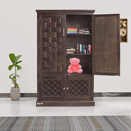 TAMANNA ART PALACE Solid Sheesham Wood Diamond Cut Four Door Storage Wardrobe For Bedroom/Living Room, Natural Honey Oak Finish, Pre-Assembled