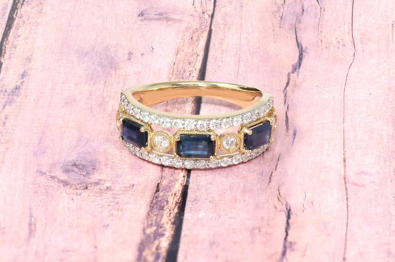 14K Yellow Gold Genuine Sapphire Diamond Band Ring. Size 7 - Image 2