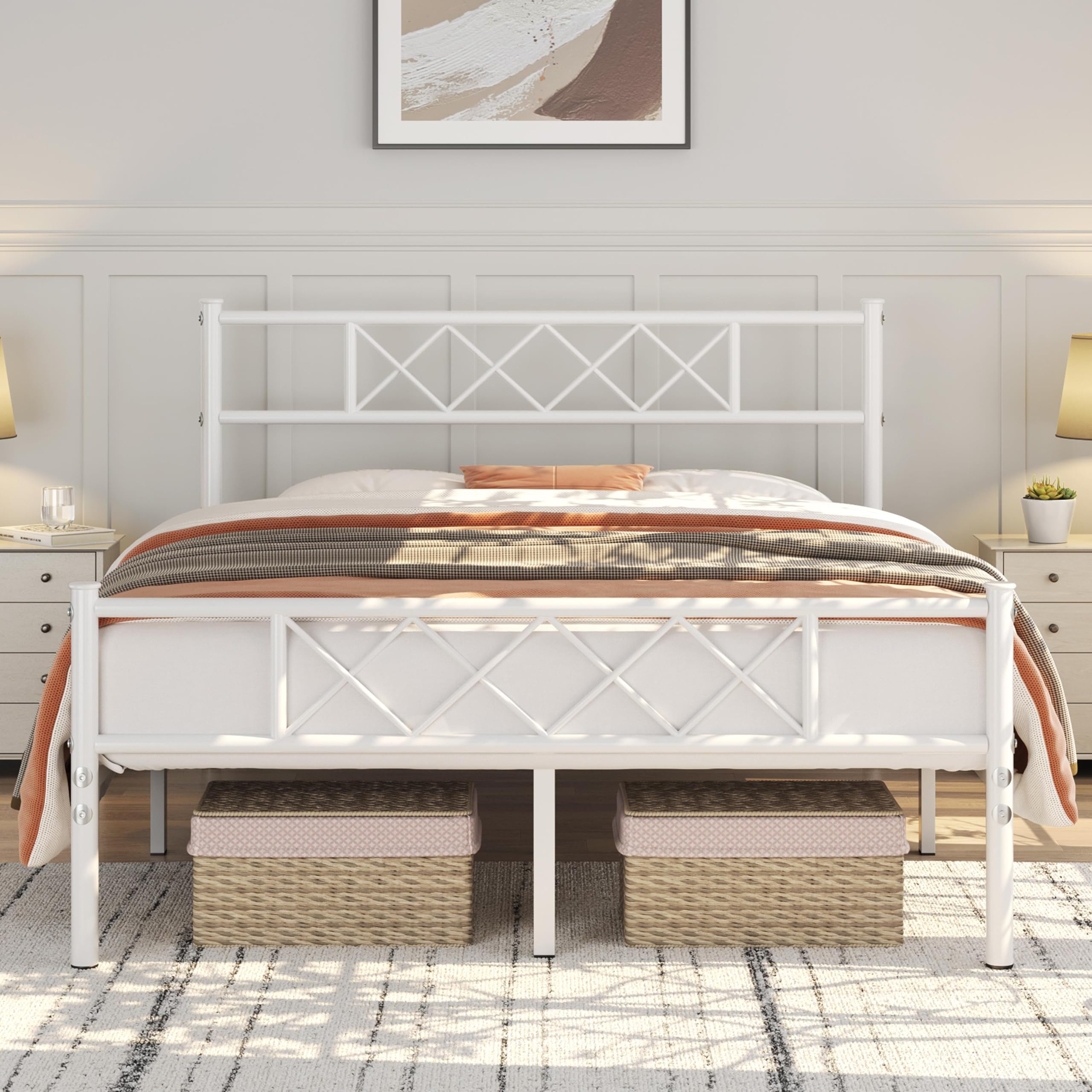 Yaheetech 4ft6 Double Bed, Metal Platform Bed Frame Solid Bedstead Base with Cross-design Headboard and Footboard, Underbed Storage Space, Slatted Bed Fits for Teenagers/Adults, White