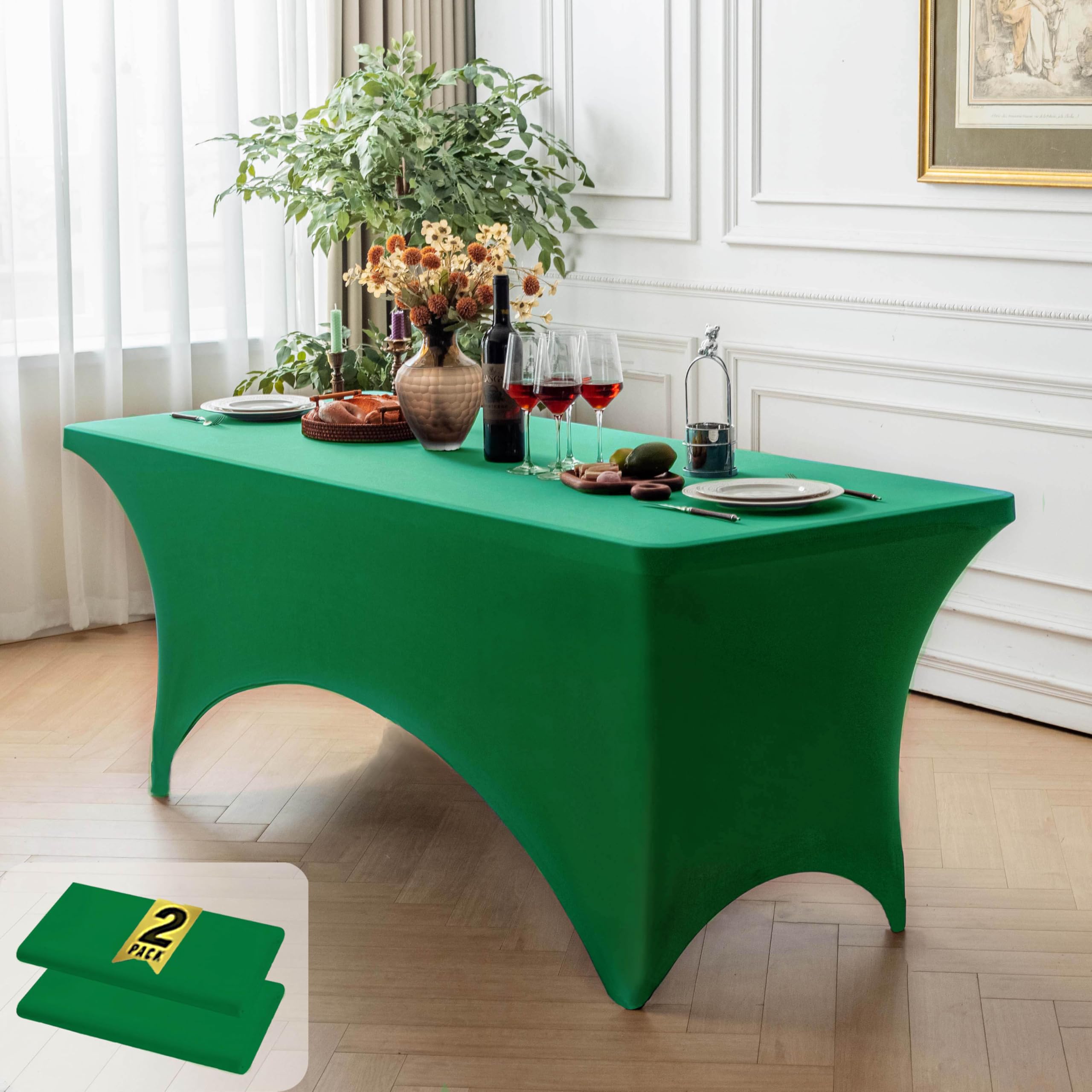 FOLINS&amp;HOME 2 Pack Emerald Green 6ft Fitted Water Resistant Tablecloth