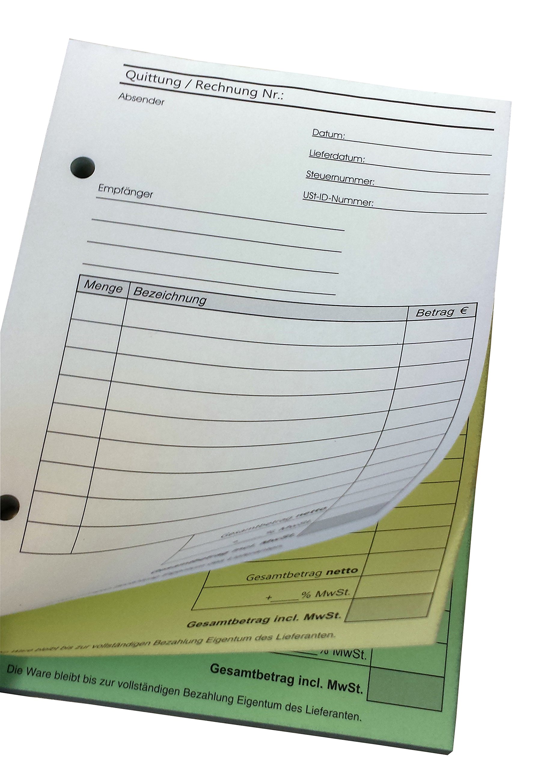 1x Block Rechnung/Quittung - Quittungsblock - 3 x 30 Blatt DIN A6 hoch - gelocht - SD -durchschreibend (22503)
