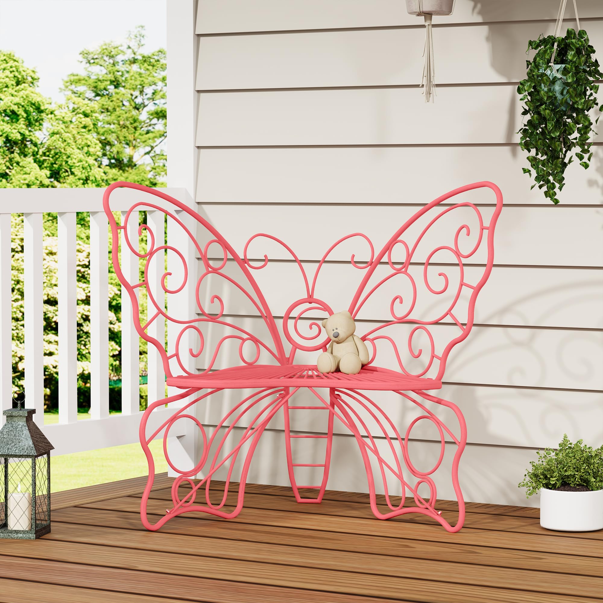 Decoccino 36 Inch Small Butterfly Bench Cute Metal Outdoor Benches Pink