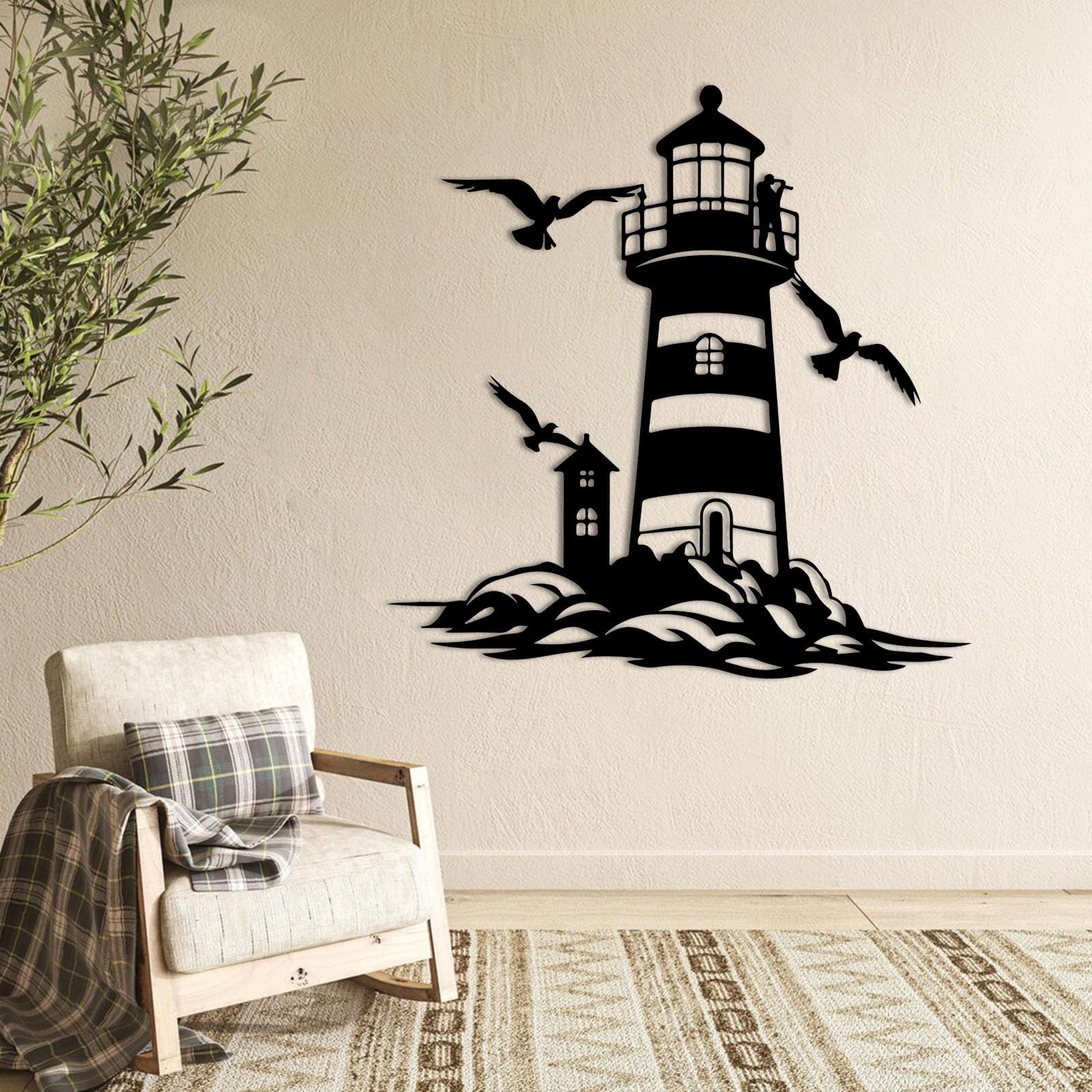 Metall Wanddeko Schwarz abstrakter Leuchtturm, schwarze Wanddeko Möwe Strand modern Moderne Wandbild Metall für Wanddekoration Wohnzimmer, Schlafzimmer, Flur und Treppe, Natur-Wohndekor(Black, 28