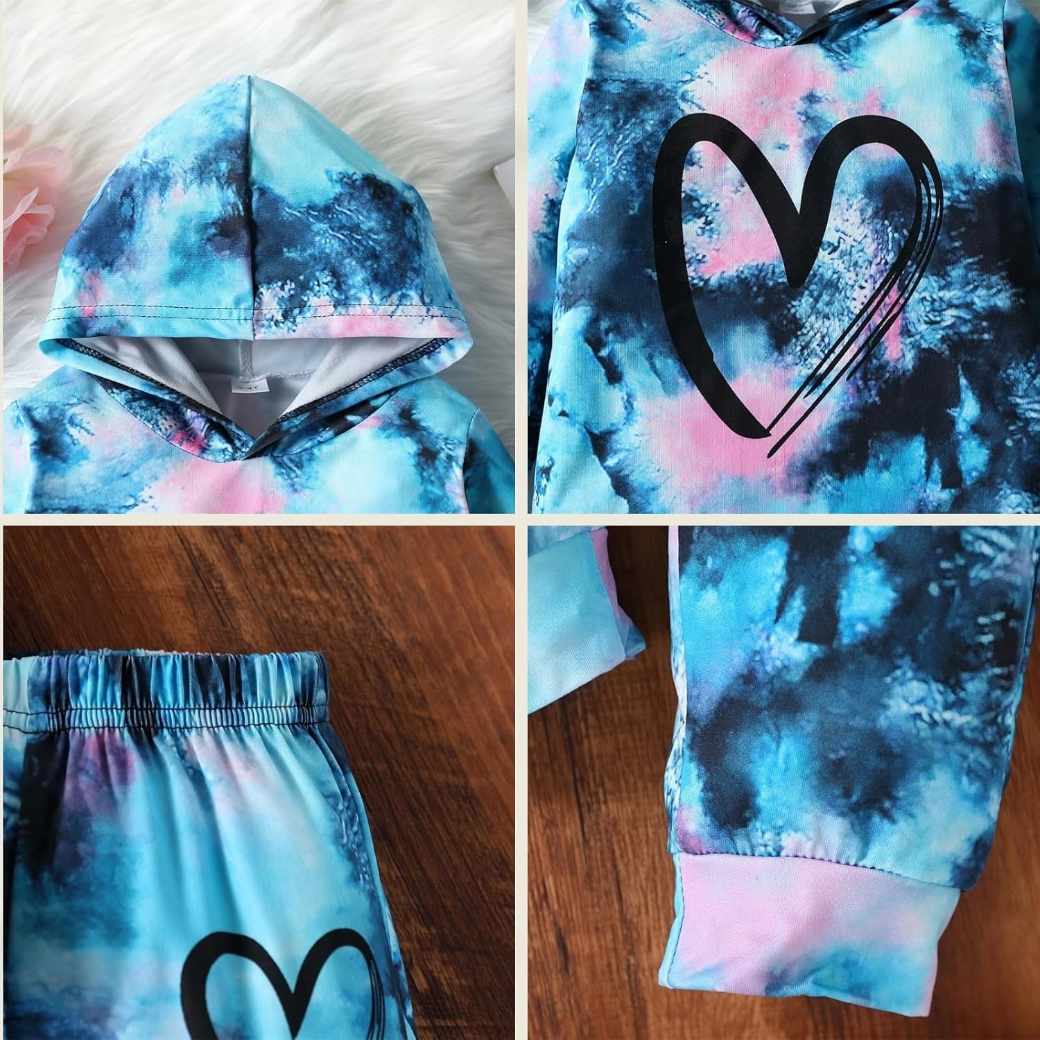 Toddler Baby Girls Clothes Long-sleeve Tie Dye Hoodie Pullover and Sweatpants Heart Print Hooded Outfits Set - Image 6