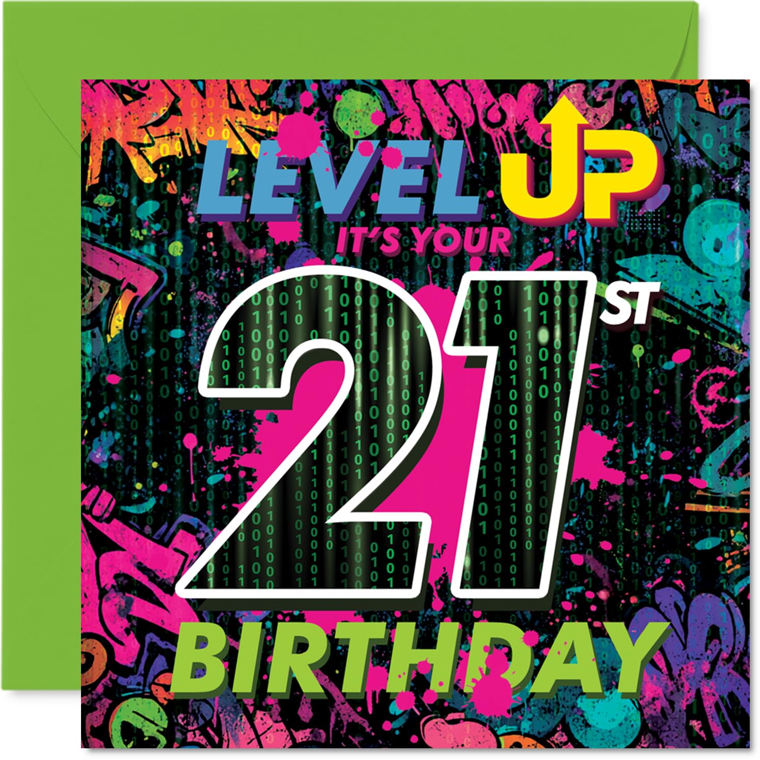 Playful 21st Birthday Card - Level Up to 21 - Neon Gaming Celebration Card with Bold Graphics - Epic Way to Mark a Milestone Birthday - 145mm Square, Envelope Included