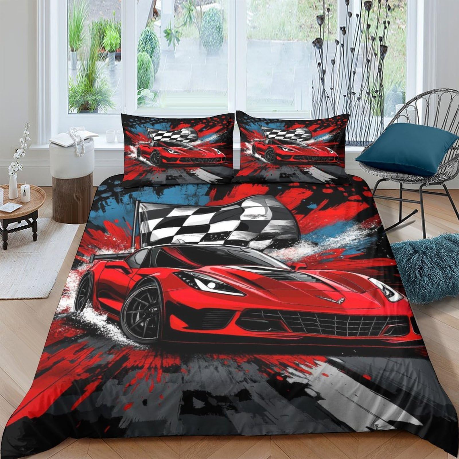 Ctjqhvkz Style-5 3D Printed Red Sports Car Fitted Sheet Microfiber Soft Breathable Checkered Racing Flag Mattress Cover Bedroom Decor Single（135X200cm）