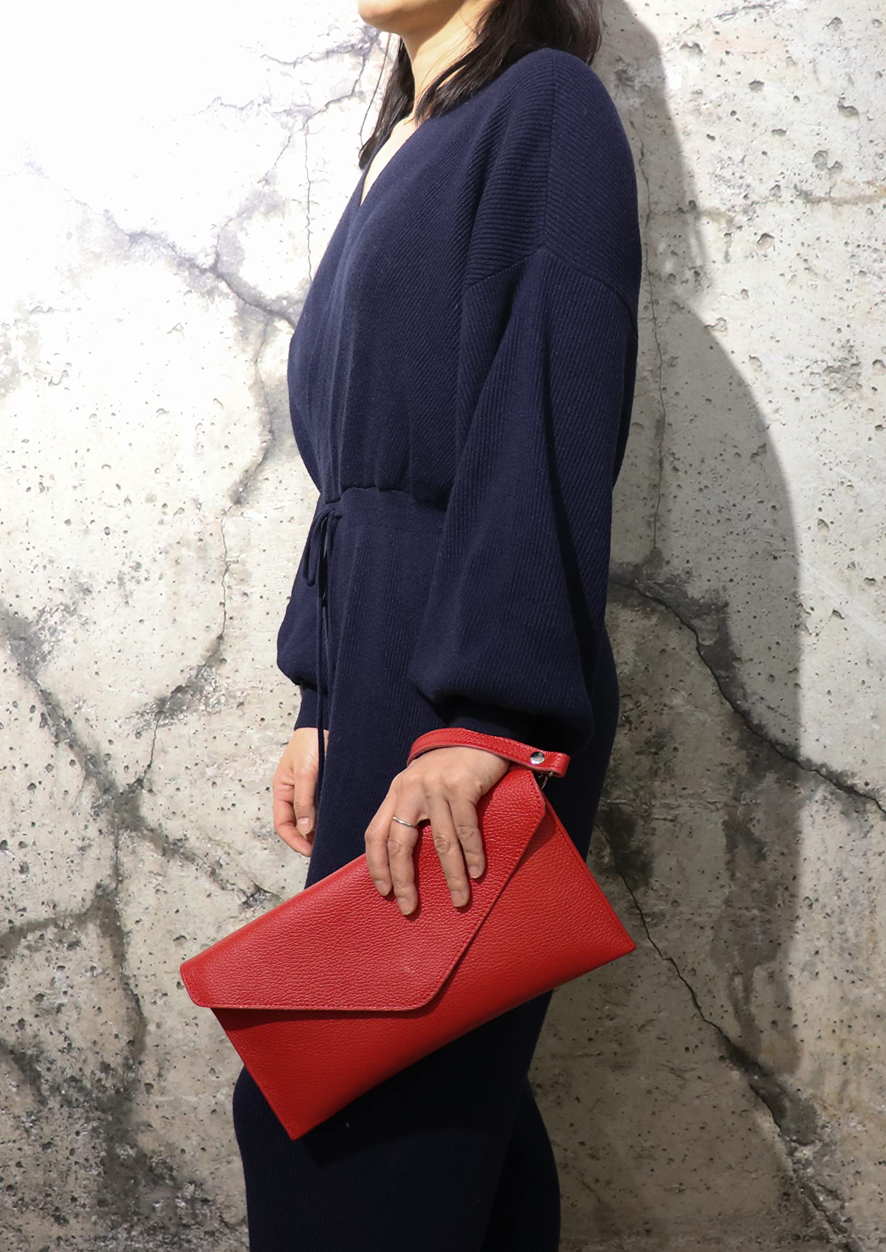 SH Leder Echtleder Clutch Umhängetasche kleine Tasche elegant Abendtasche in genarbt Rindleder mit Tragkette 31,5x16,5cm Saya G369