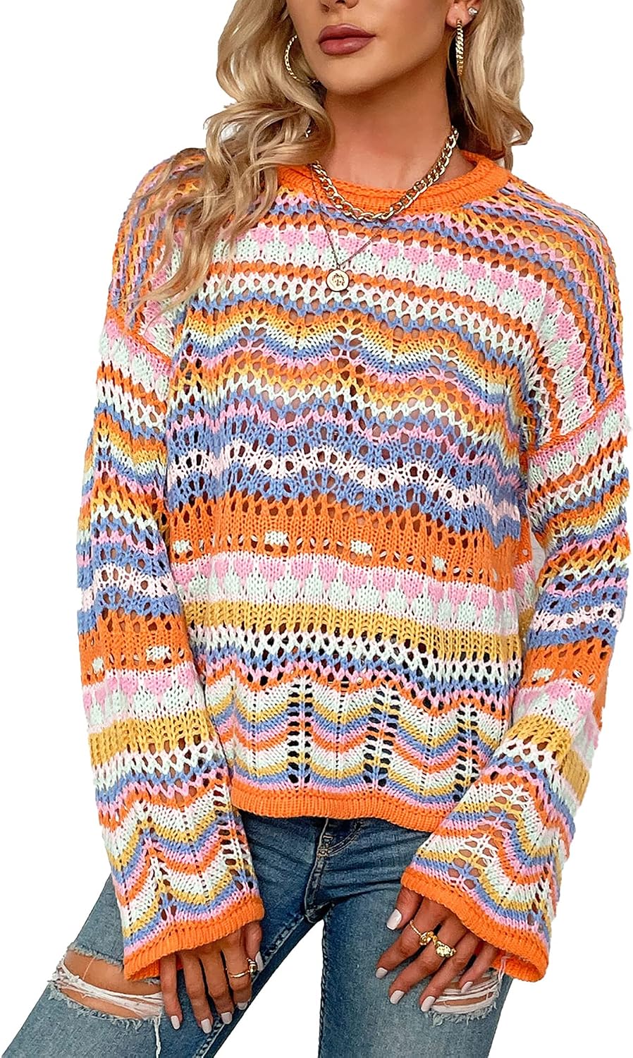 CORIRESHA Women’s Y2K Colorful Stripes Crochet Sheer Long Sleeve Casual Knit Pullover Sweater