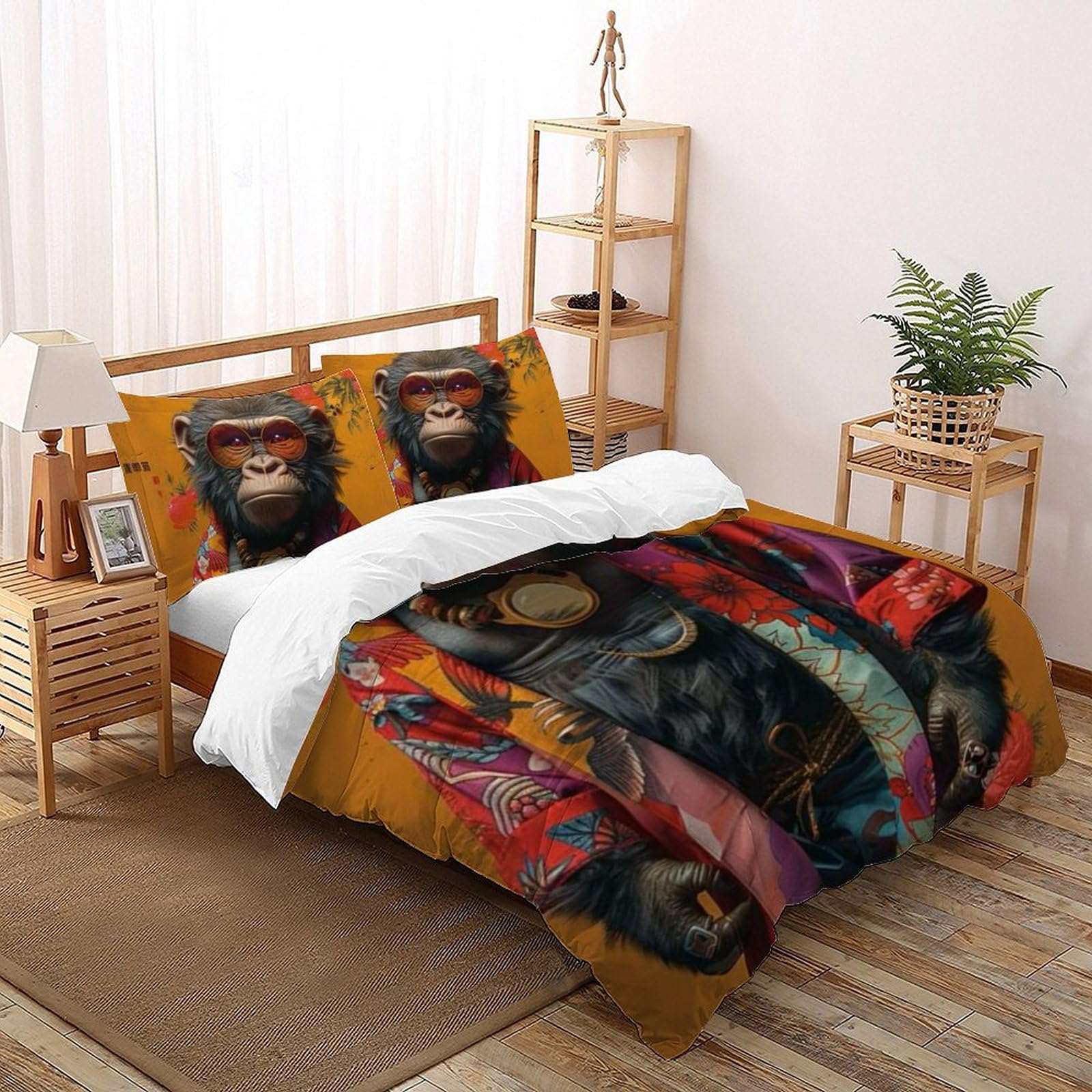 Housse de couette singe animaux land déco chambre fille lit double microfibre