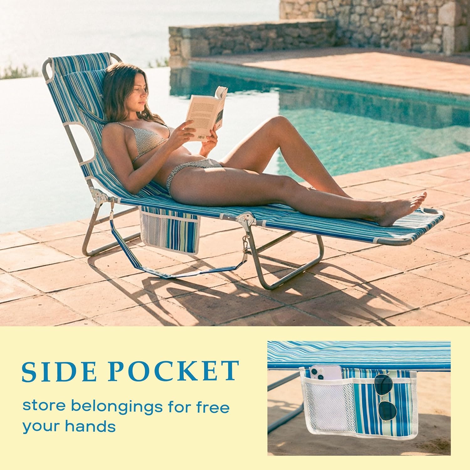 Beach Lounge Chair, Outdoor Chaise Lounger with Face Hole, 5-Position Reclining Beach Chair Face Down Tanning Chair with Carry Strap,Side Pocket, Portable Camping Cot for Patio,Poolside