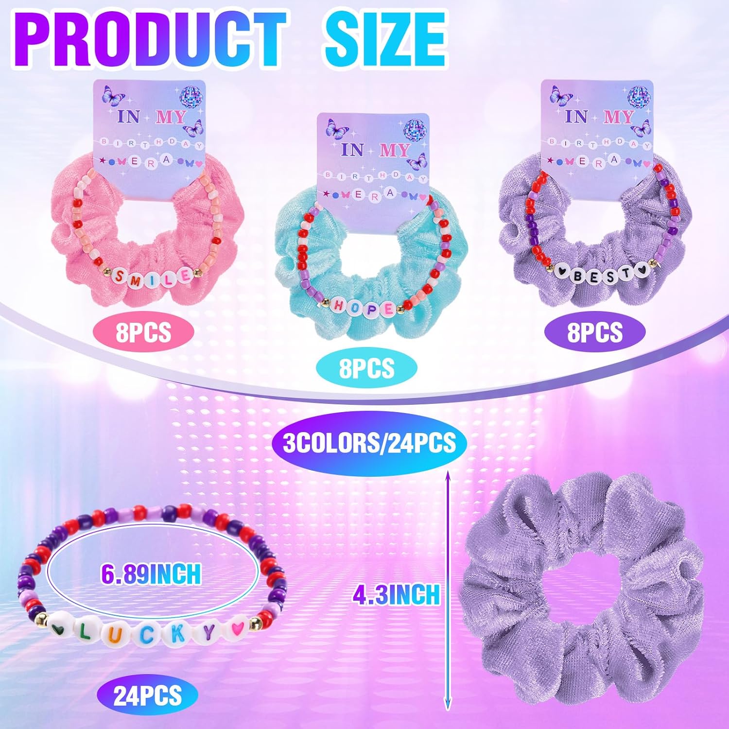 Hoteam in My Birthday Era Party Supplies Kpop Theme Popular Singer Favors Friendship Bead Bracelets Velvet Hair Scrunchies for Fans Party Supplies Birthday Decorations(24 Sets)