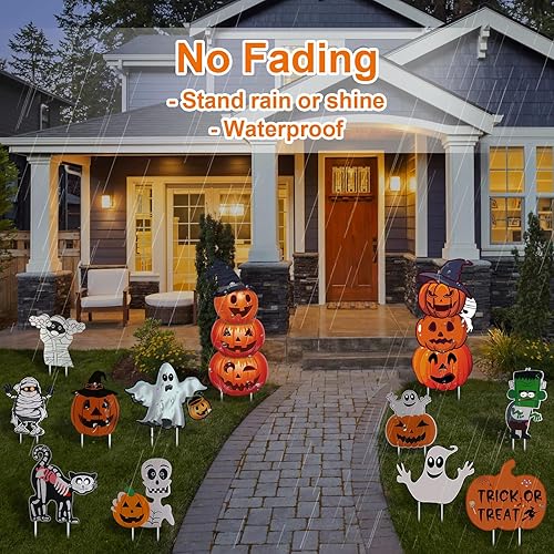 Vista 24 de GameXcel Letreros de Halloween para patio – Estacas grandes de calabaza fantasma, monstruo para decoración de Halloween, decoración de césped al