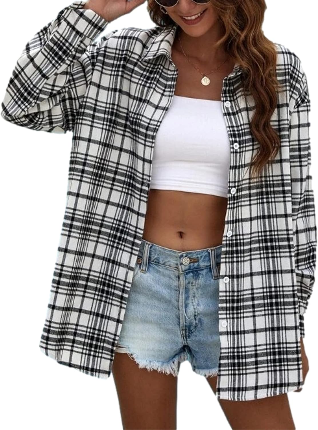 Mingzhu Womens Casual Flannel Plaid Shirts Button Down Long Sleeve Shirts Oversized Buffalo Blouse Tops
