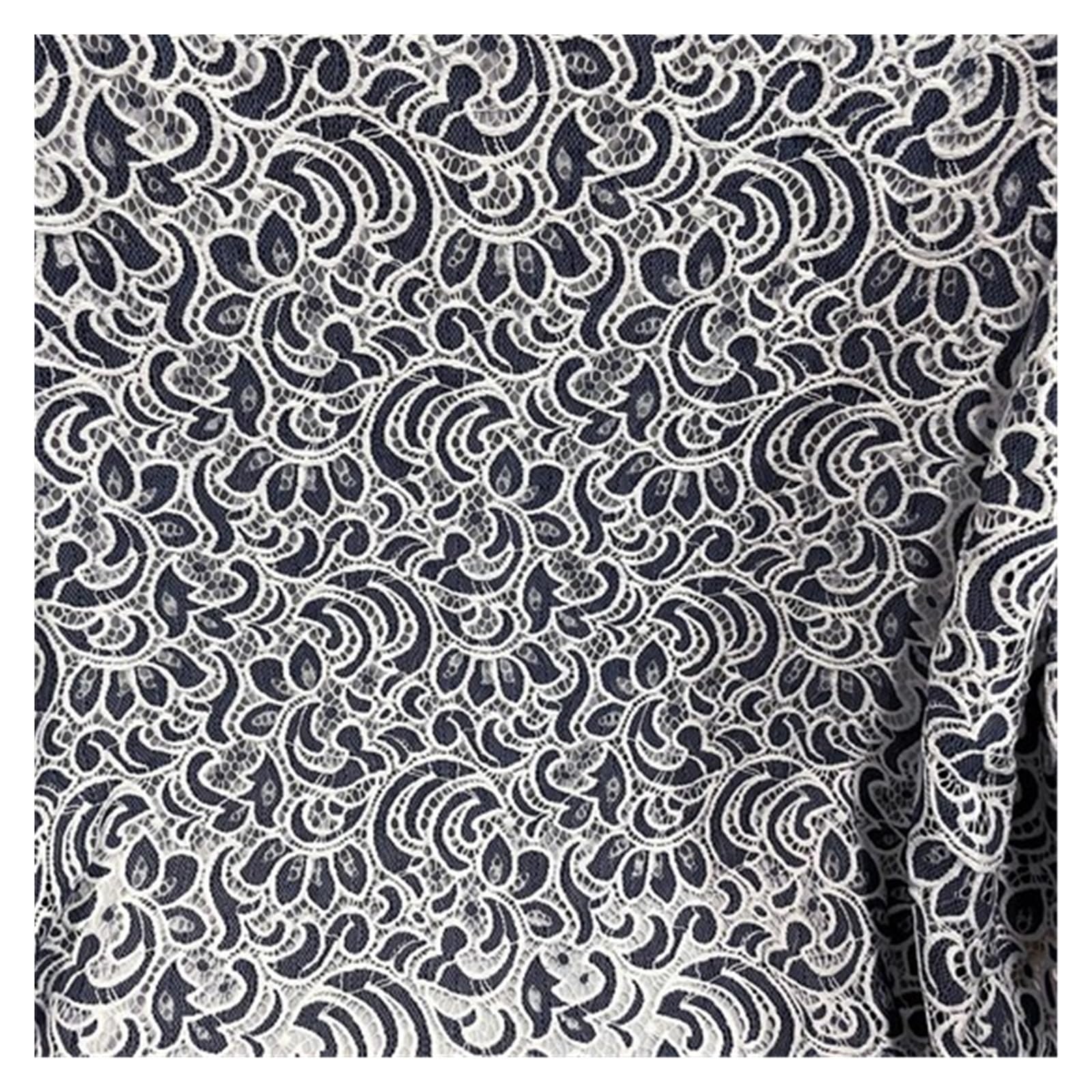 Lace Fabric By The Meter for Dresses Clothes Sewing Plain White Embroidery Hollow-Out Pressed Yarn Flowers Three-Dimensional DIY(Blue and White)