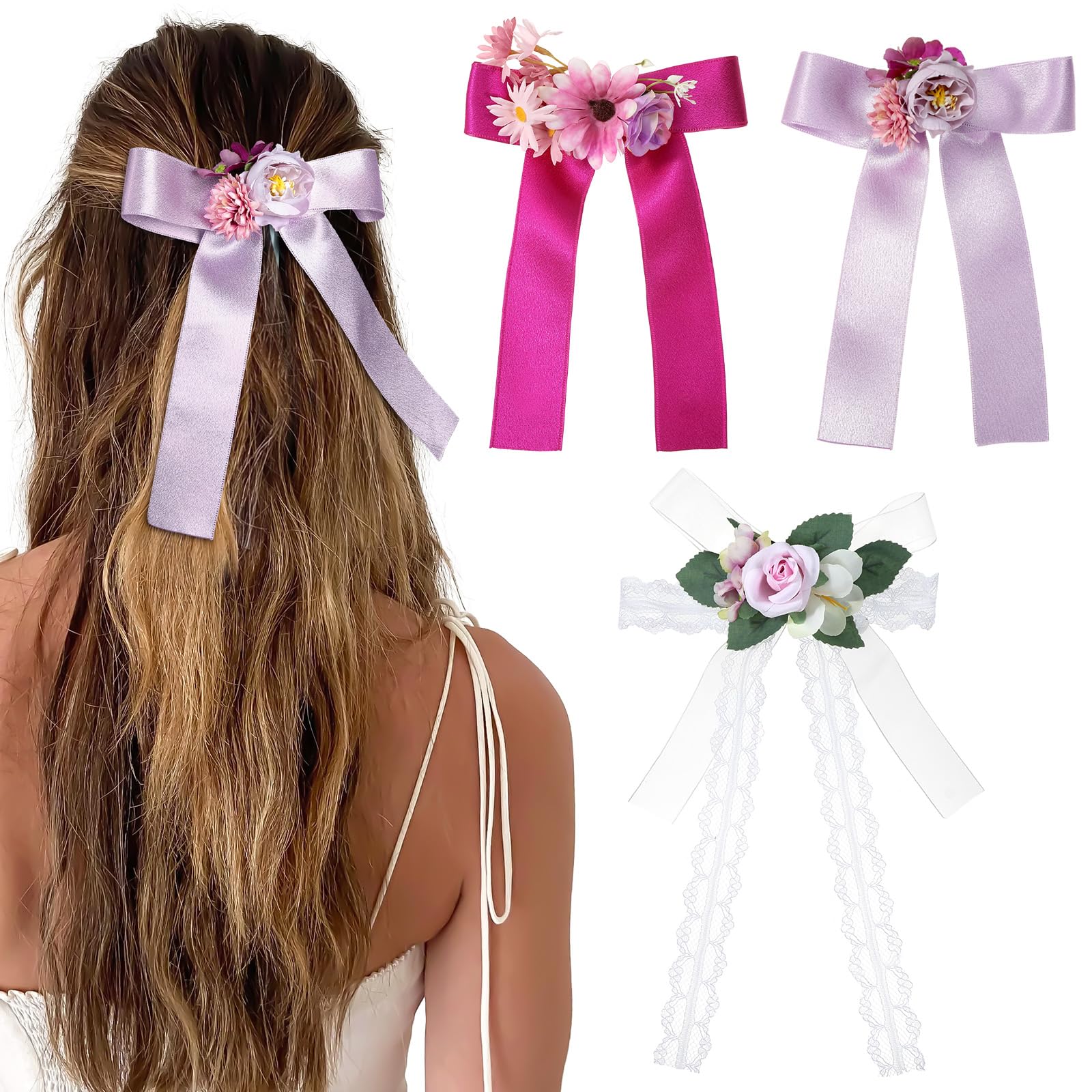 AWAYTR 3pcs Flower Hair Bow Clips for Women Girls Hair Ribbon with