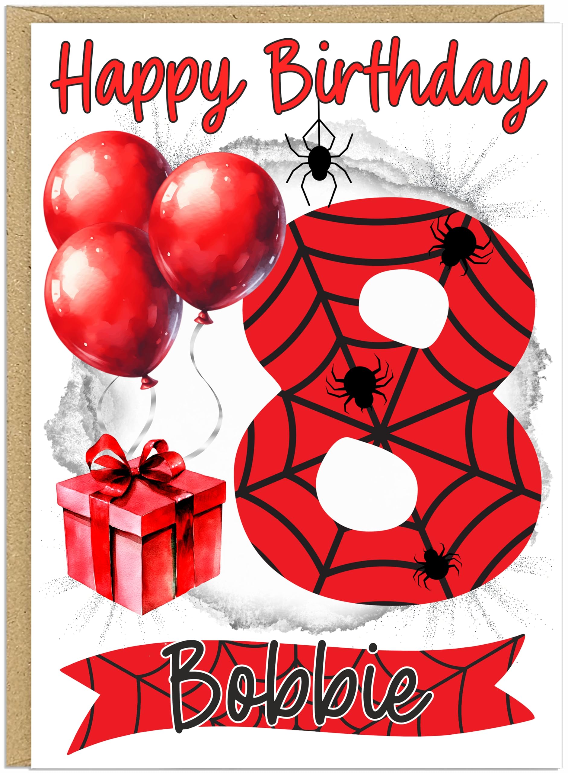 Personalised Spider Theme Happy Birthday Cards for Kids - Choose From Age 1-9 Add Child's Name Cute Spider Web Balloon Gift Design A5 Size (Age 8)