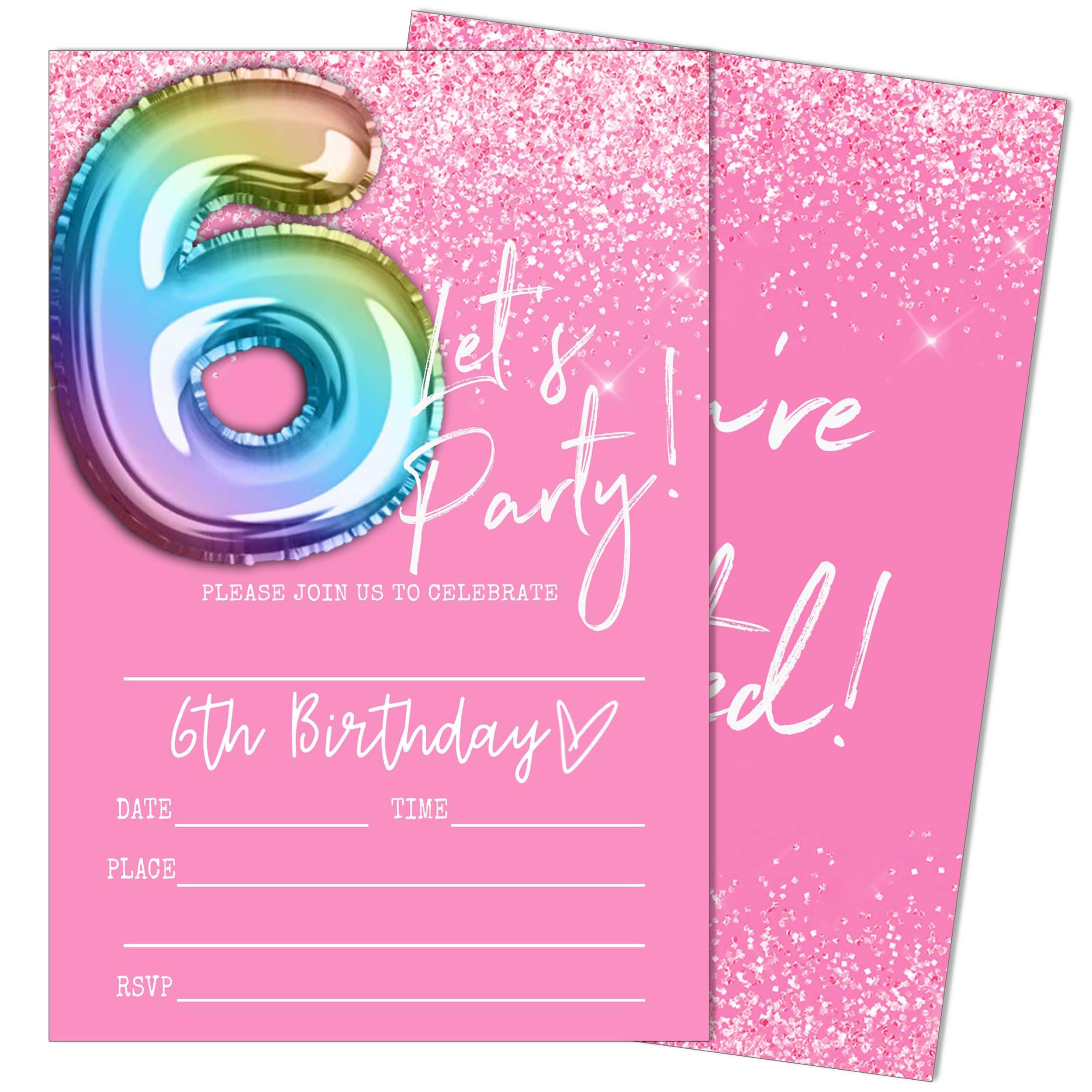 Let's Party 6th Birthday Invitations, Pink and Glitter Balloons Invitations, 20 Fill-in Style Birthday Party Invitations with Envelopes for Girls Boys