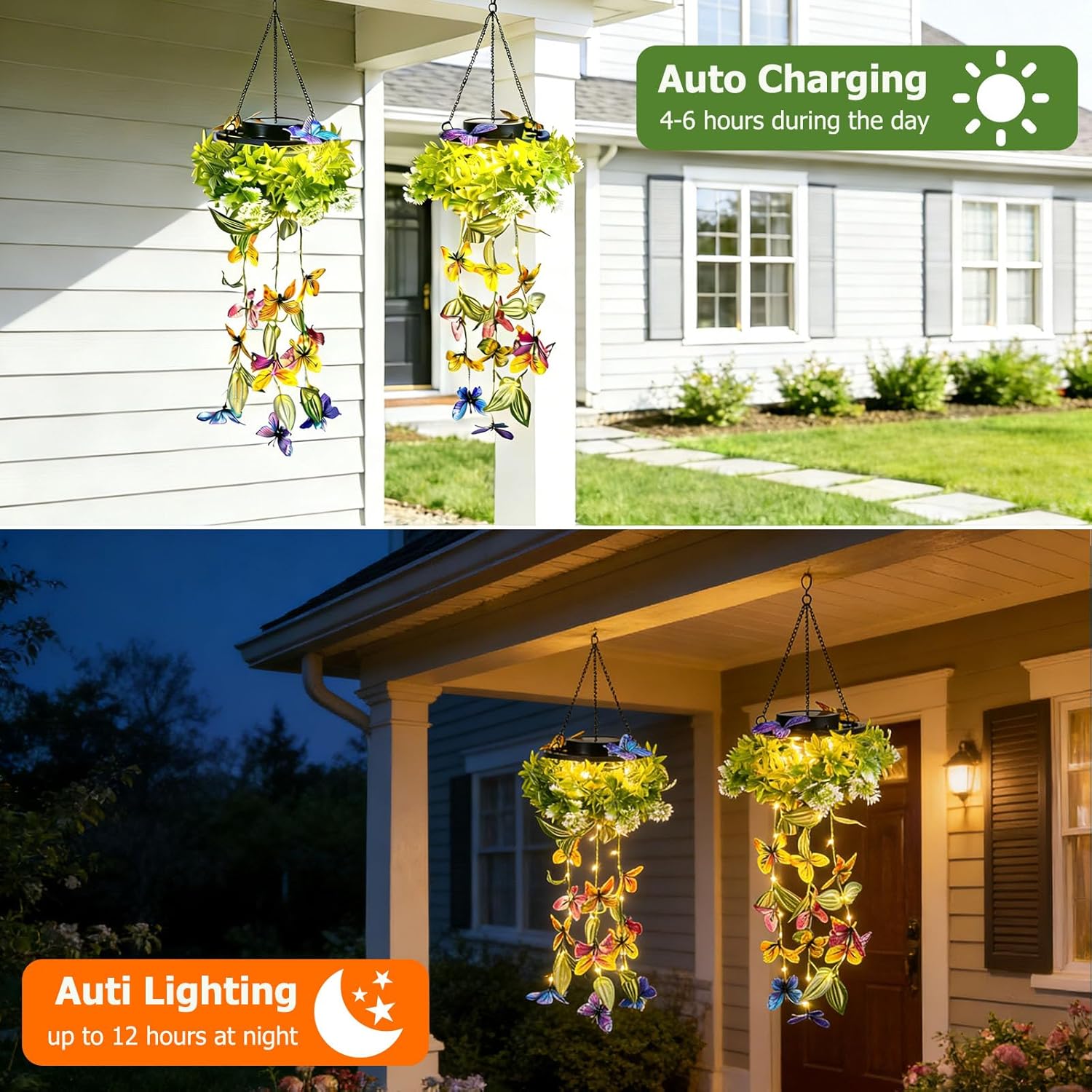 AVEKI Solar Hanging Garden Lights, Gifts for Mom, 2 Pack Waterproof Solar Lights Outdoor Decor with Artificial Butterfly & Flower, Outdoor Garden Decor for Patio Yard Porch Fence Pathway (Butterfly)