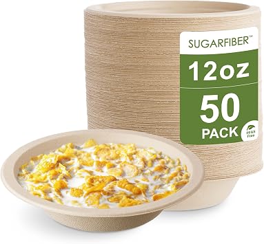 12oz Compostable Paper Bowls Disposable Round Natural Cereal Bowl, 50 Count | Heavy-Duty,Biodegradable,Sugarcane,Bagasse,Soup,Cereal,Salad,Microwavable,Meal Prep,Takeout,Dinnerware,Sugarfiber
