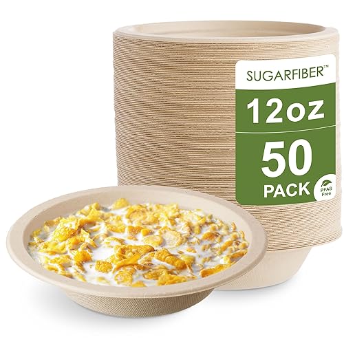 [50 Count]Harvest Pack PFAS Free 12oz Round Compostable Paper Bowls,