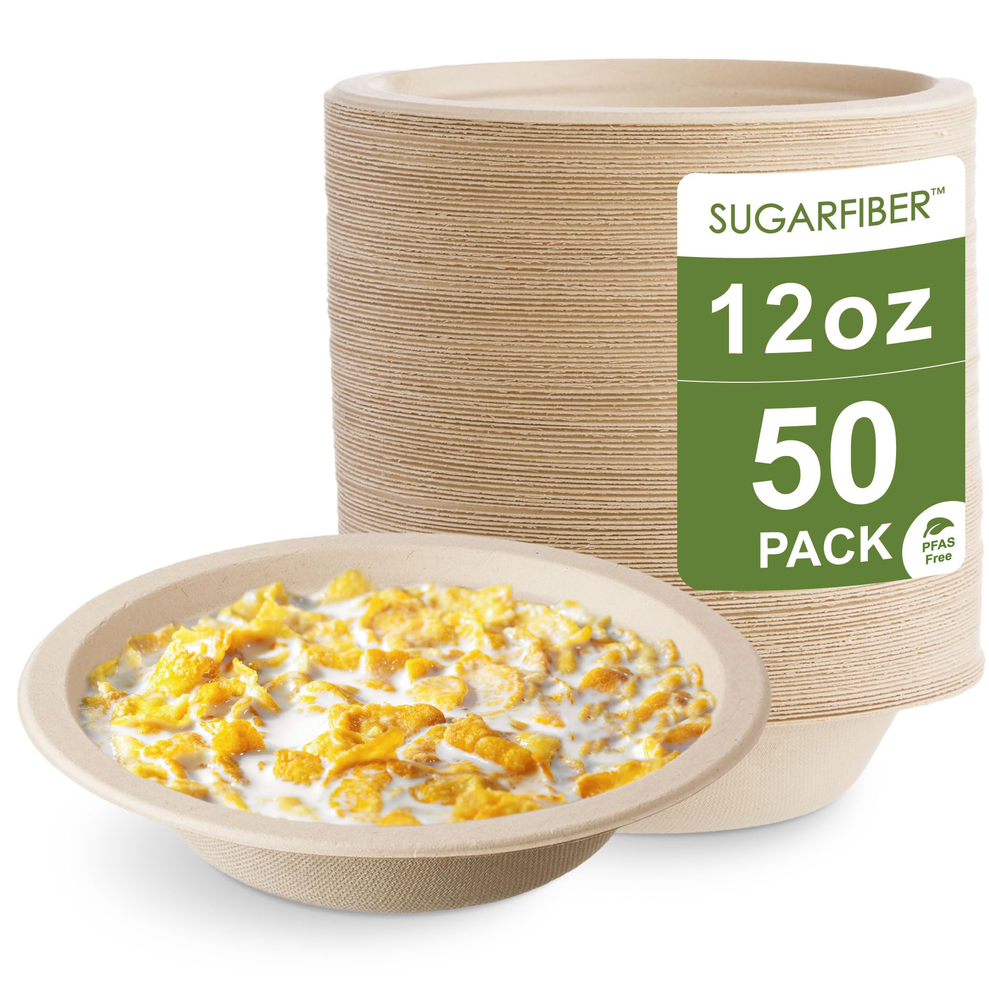 12oz Compostable Paper Bowls Disposable Round Natural Cereal Bowl, 50 Count