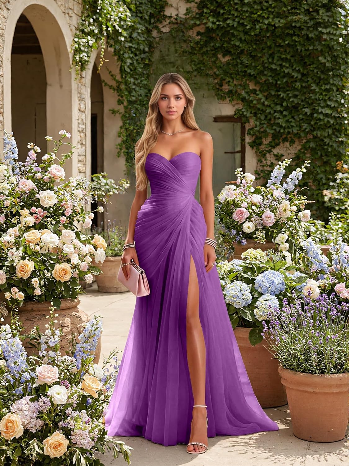 Tulle Prom Dresses for Women Teens Ball Gown Long Strapless Pleated Formal Evening Gowns with Slit - Image 3