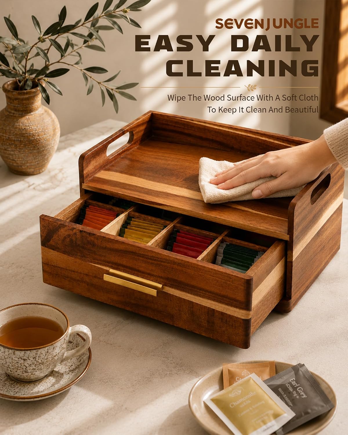 Acacia Wood Tea Bag Organizer for Countertop, Tea Holder Organizer with Storage Drawer | Wooden Tea Caddy Box for Tea Bags, Coffee Pods, Sugar Packets, Tea Station and Kitchen Counter Display