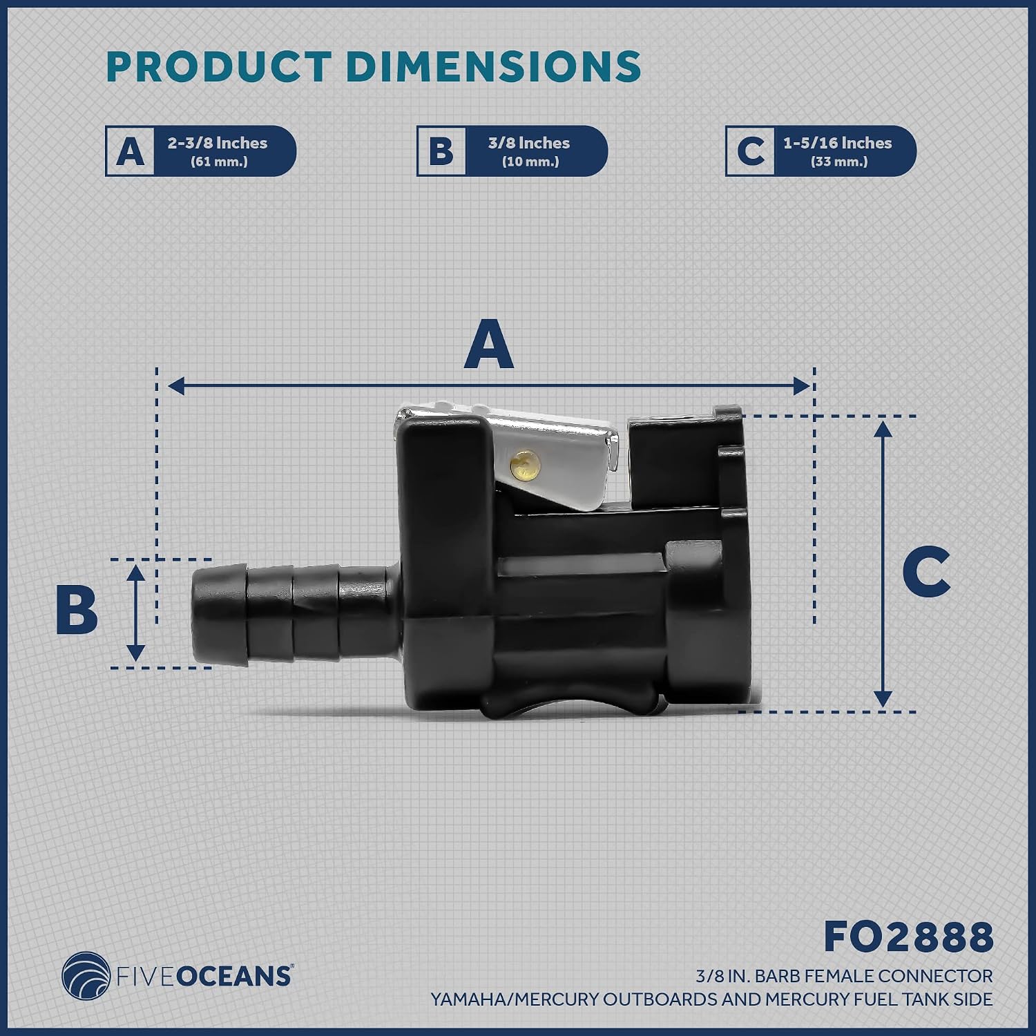 Five Oceans 3/8 Barb Female Fuel Line Quick Connector for Yamaha/Mercury Outboard Connections and Mercury Fuel Tank Side, Replaces Part 22-13563Q7, 22-13563A7, 22-13563A6, 22-13563T7 - FO2888